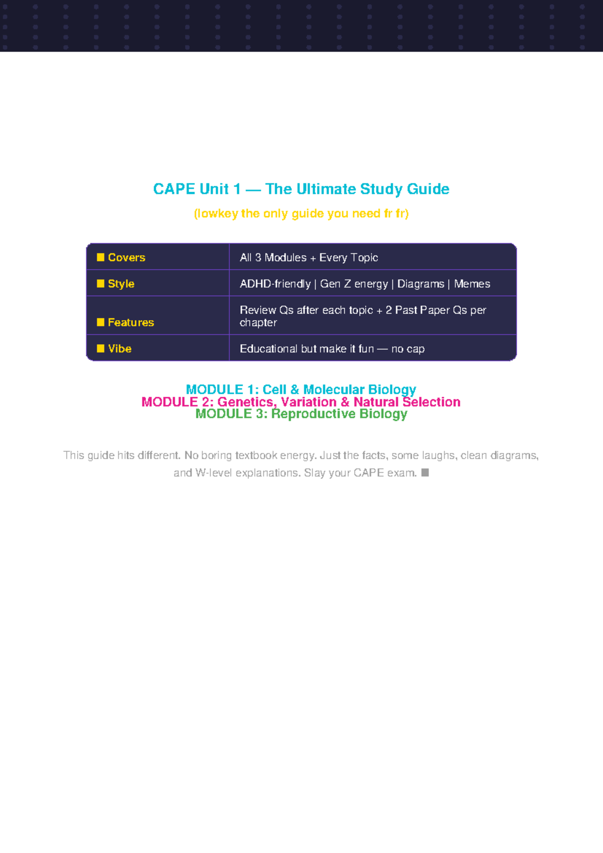 CAPE Biology Unit 1: The Ultimate No Cap Study Guide for Gen Z - Studocu