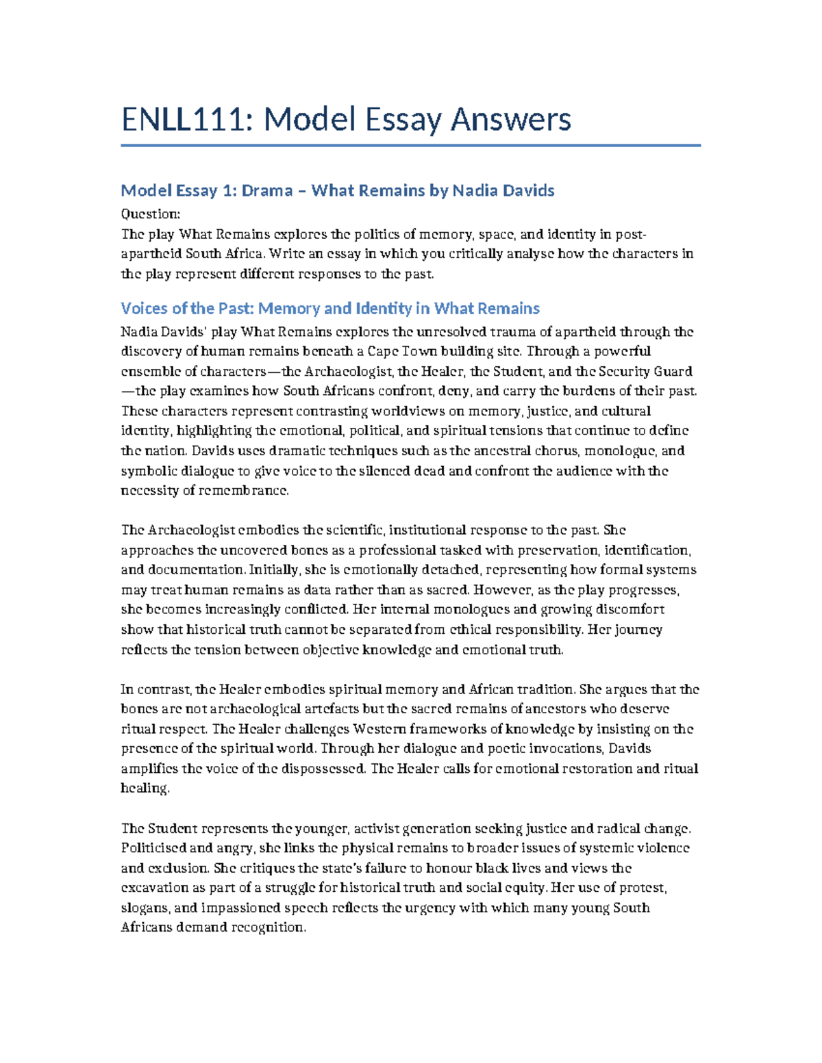 ENLL111 Model Essays: Analyzing Memory and Identity in What Remains ...