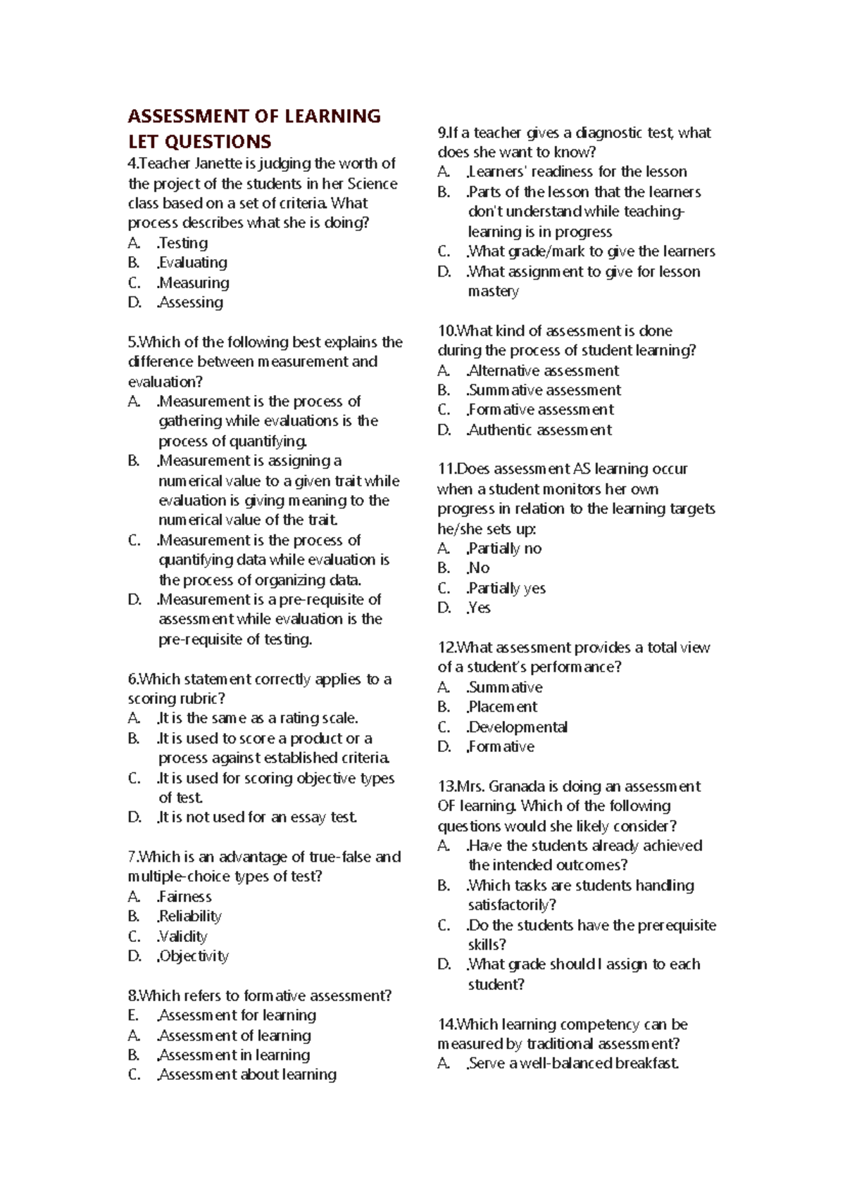 Assessment of Learning LET Questions: Key Concepts and Processes - Studocu