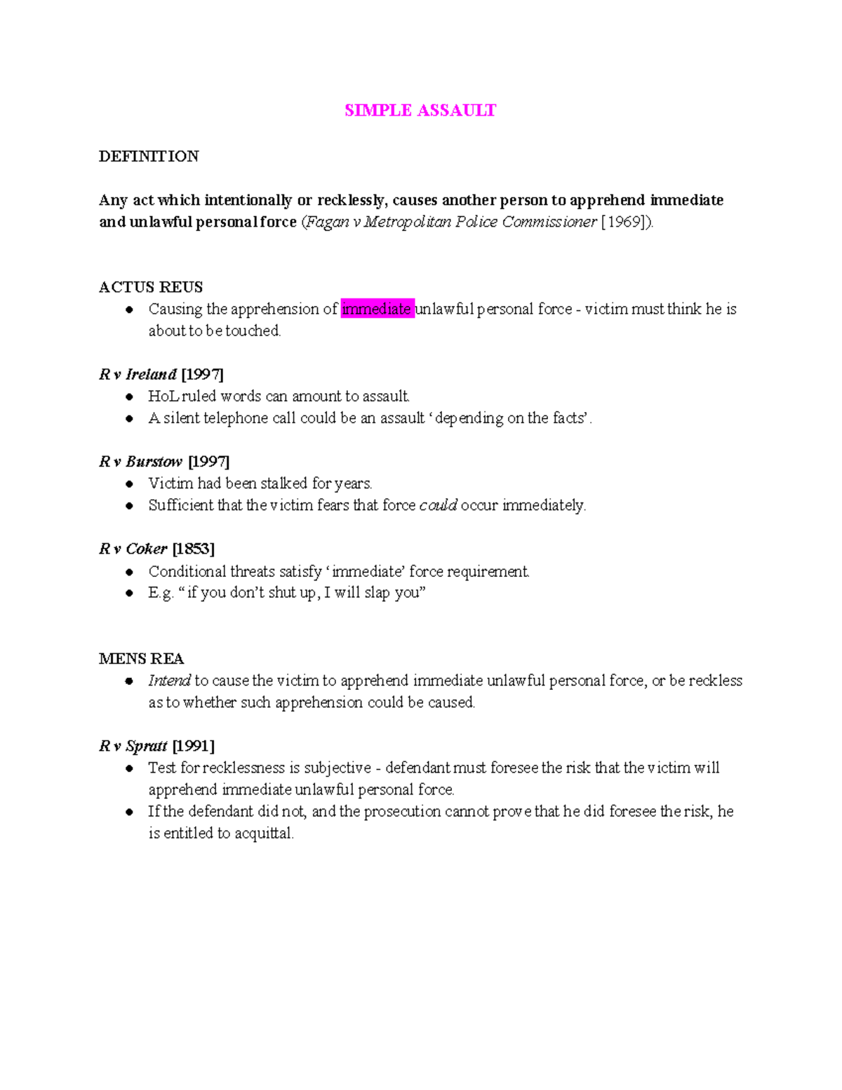 Criminal Law Exam Notes: Assault Offences (s47, s20, s18) Overview ...