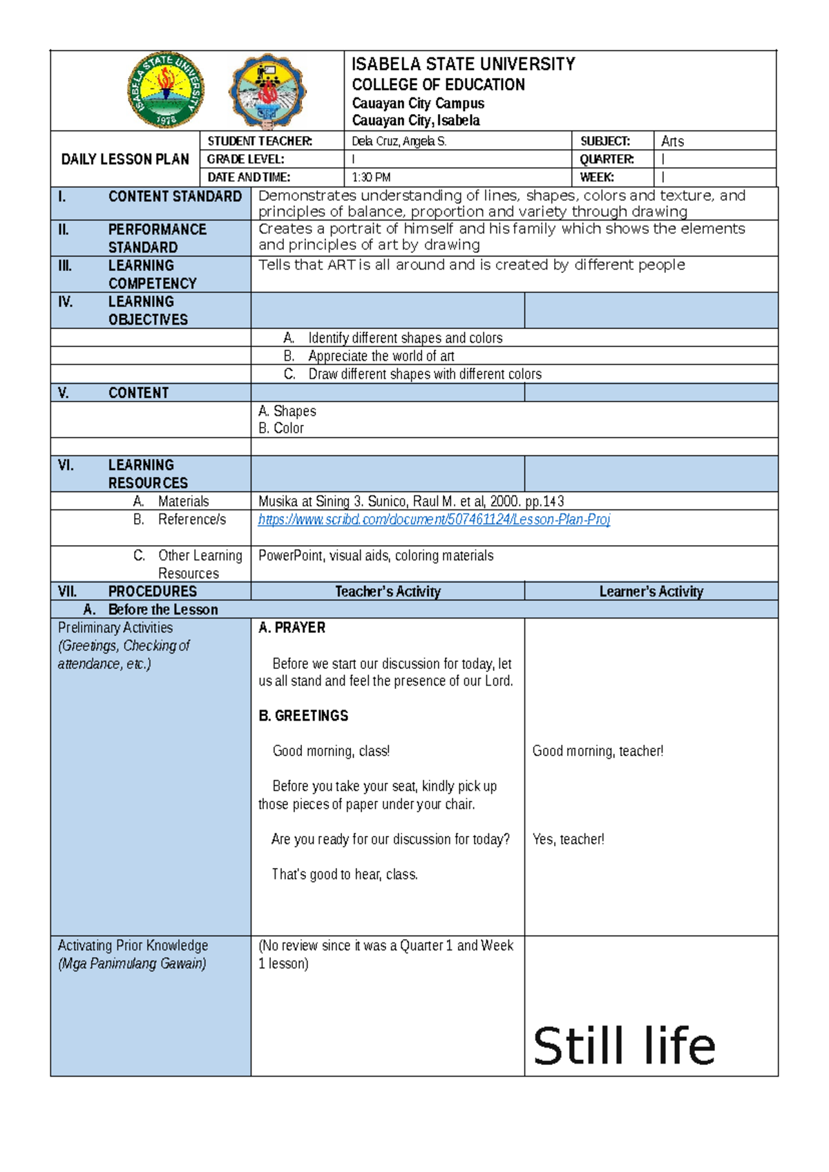 ARTS DLP 1 - Comprehensive Daily Lesson Plan on Shapes & Colors - Studocu