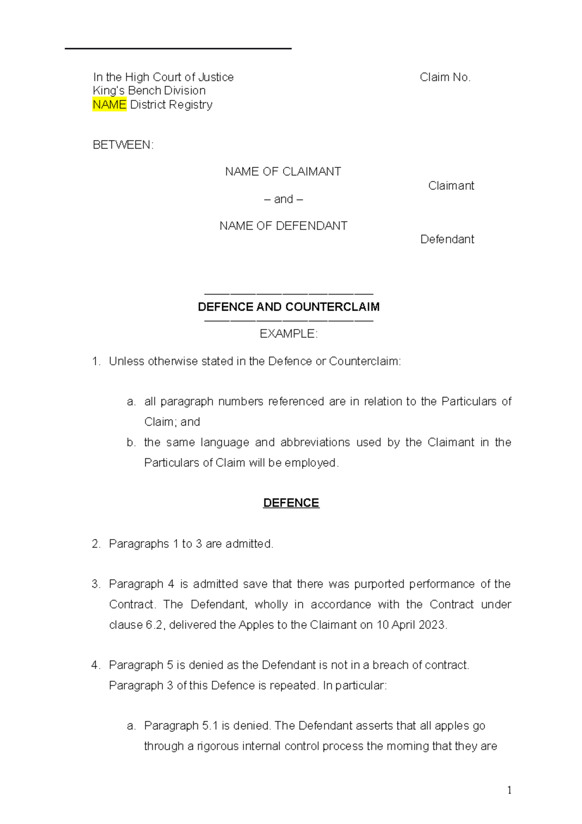 Drafting Template Defence AND Counterclaim - In the High Court of ...