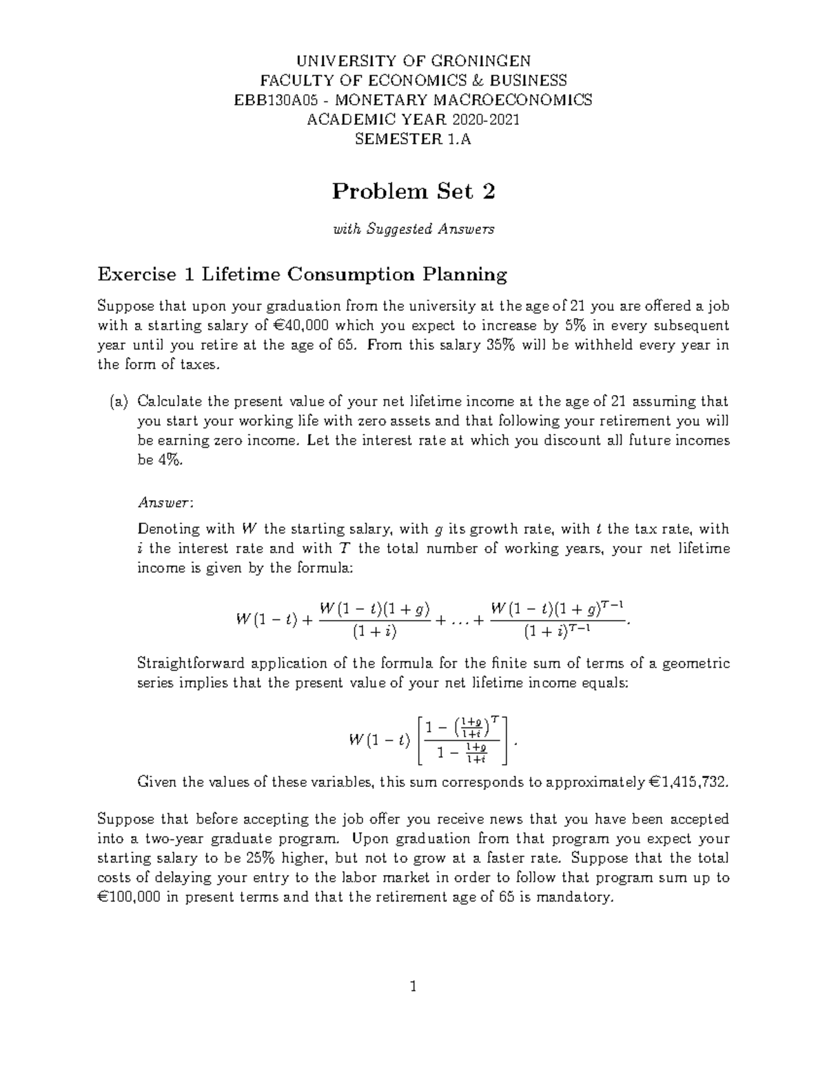 EBB130A05 - Monetary Macroeconomics PS2 Tutorial 2 with Solutions ...