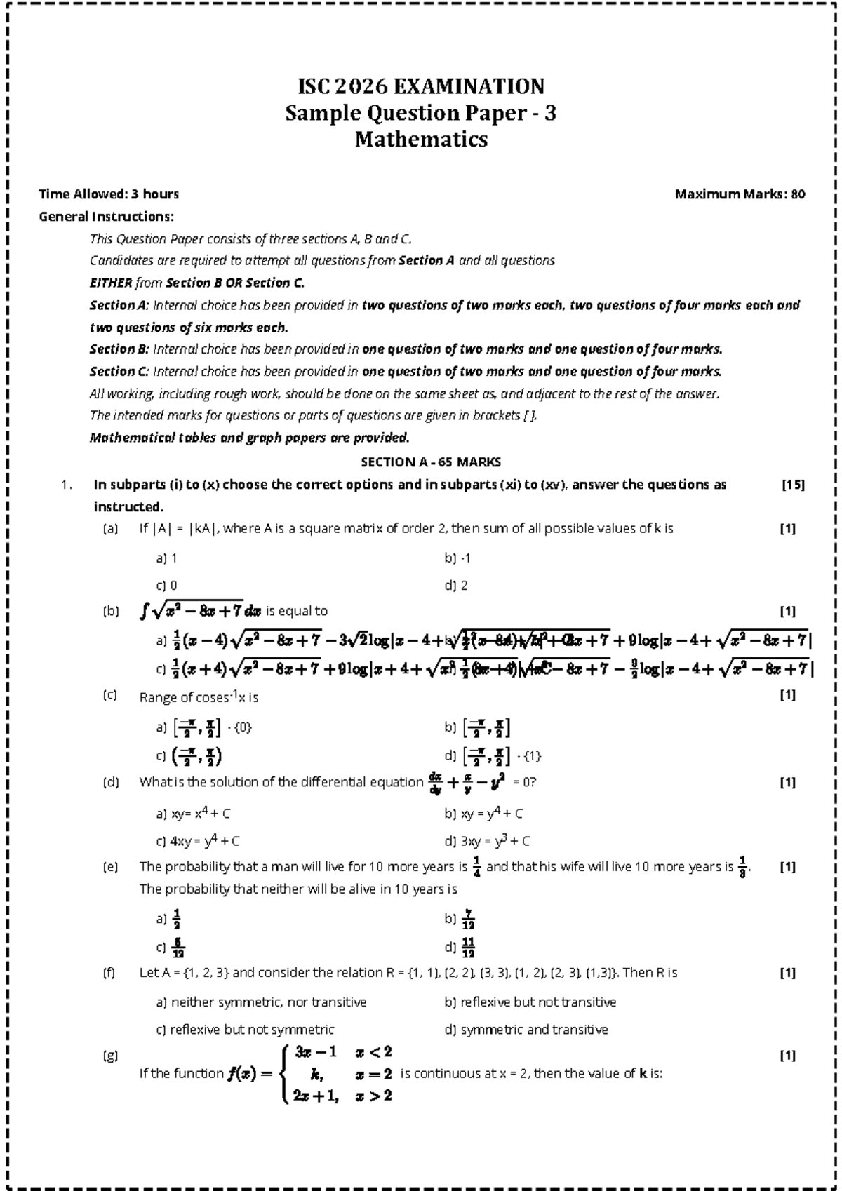 ISC 2026 MATHEMATICS Sample Question Paper 3 - Final Exam - Studocu