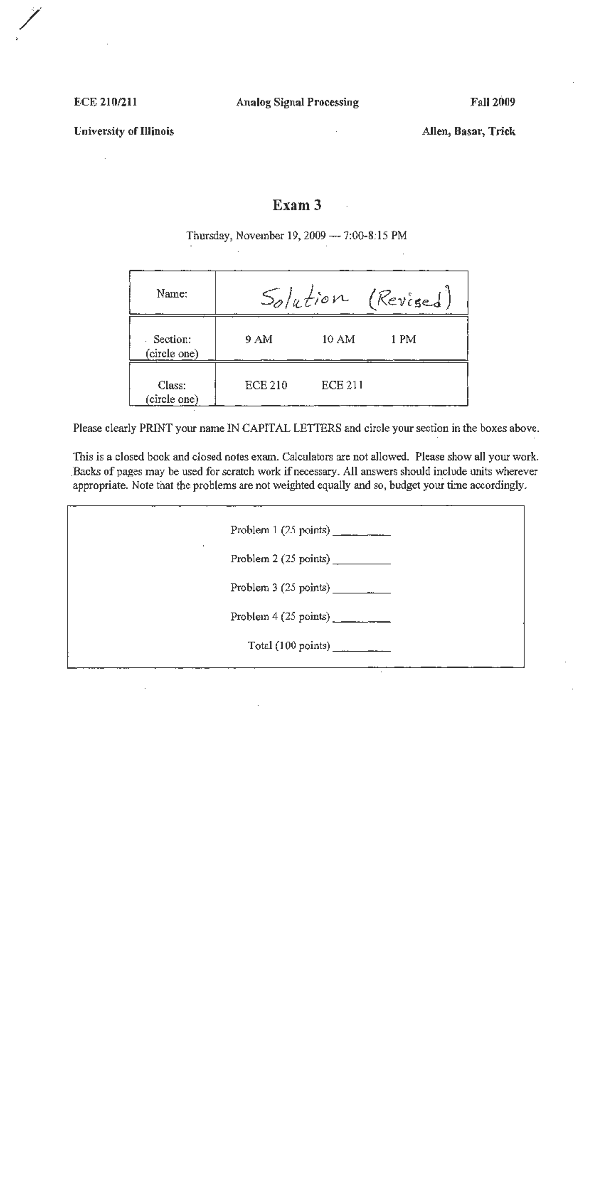 09F ECE 210 Midterm Exam 3 Solutions - Fall 2009 - Studocu