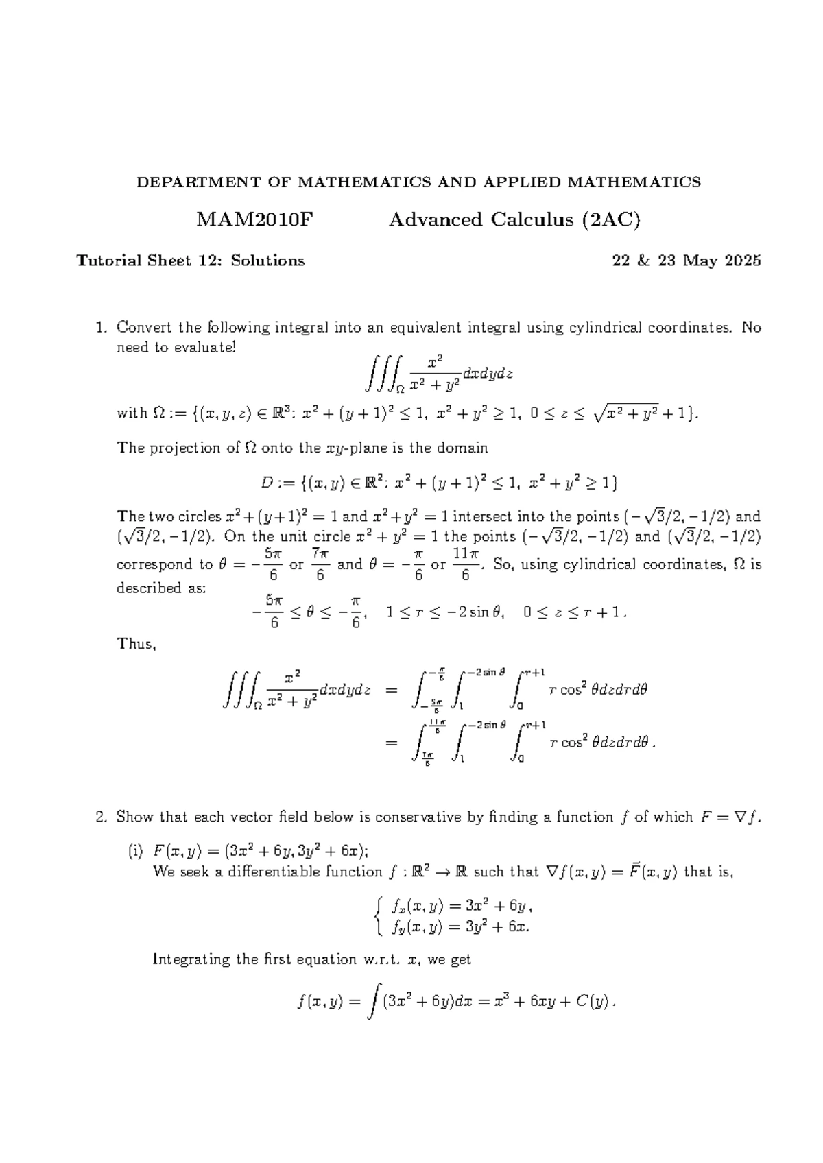 Mathematics II Advanced Calculus (2AC) - Solutions to Exercise Sheet 2 ...