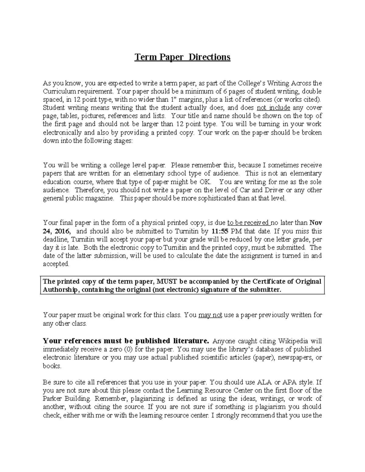 Term Paper Directions - Writing Across the Curriculum Requirements ...