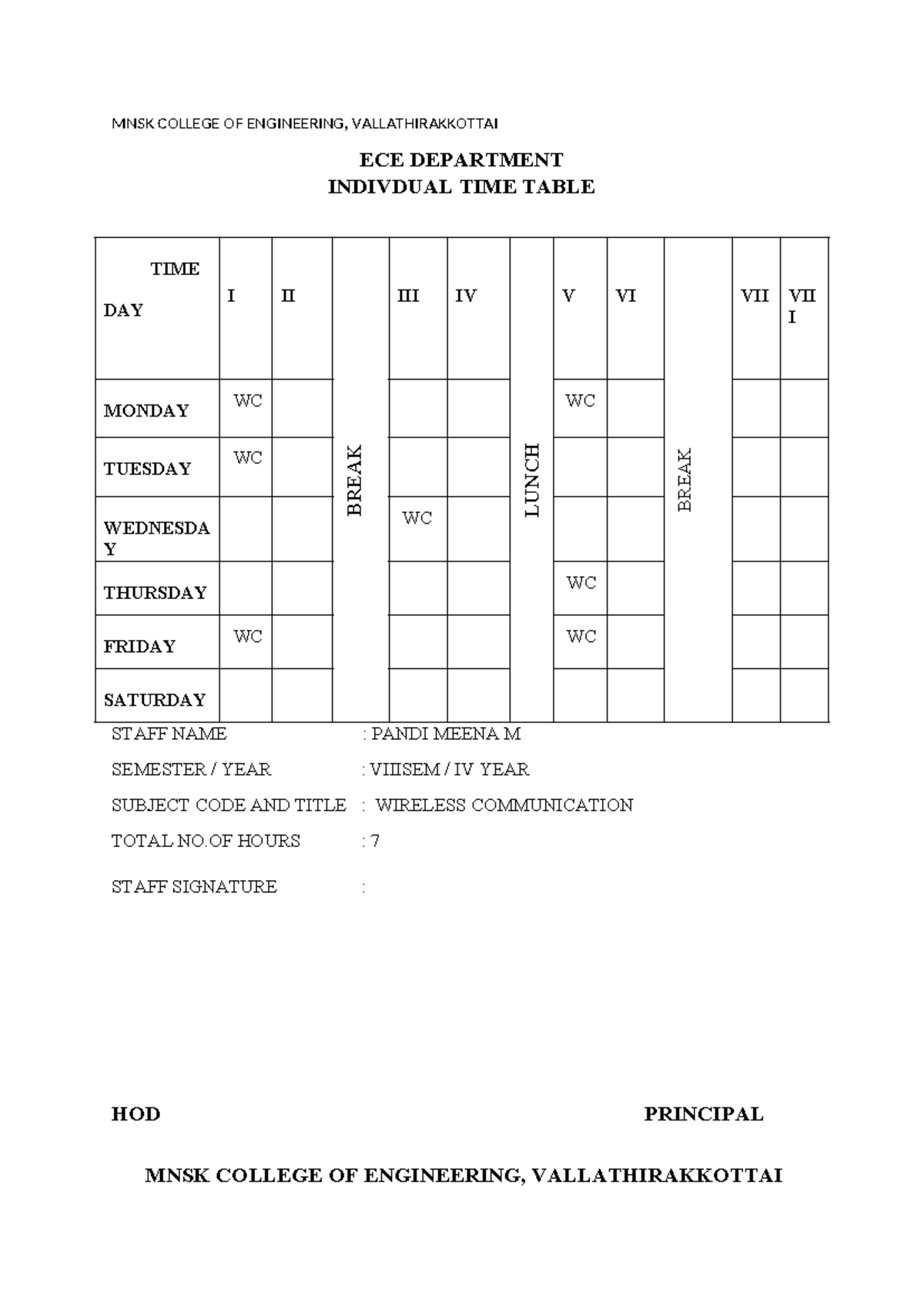 MNSK ECE Dept. IV Year Individual Time Table for Wireless Courses - Studocu