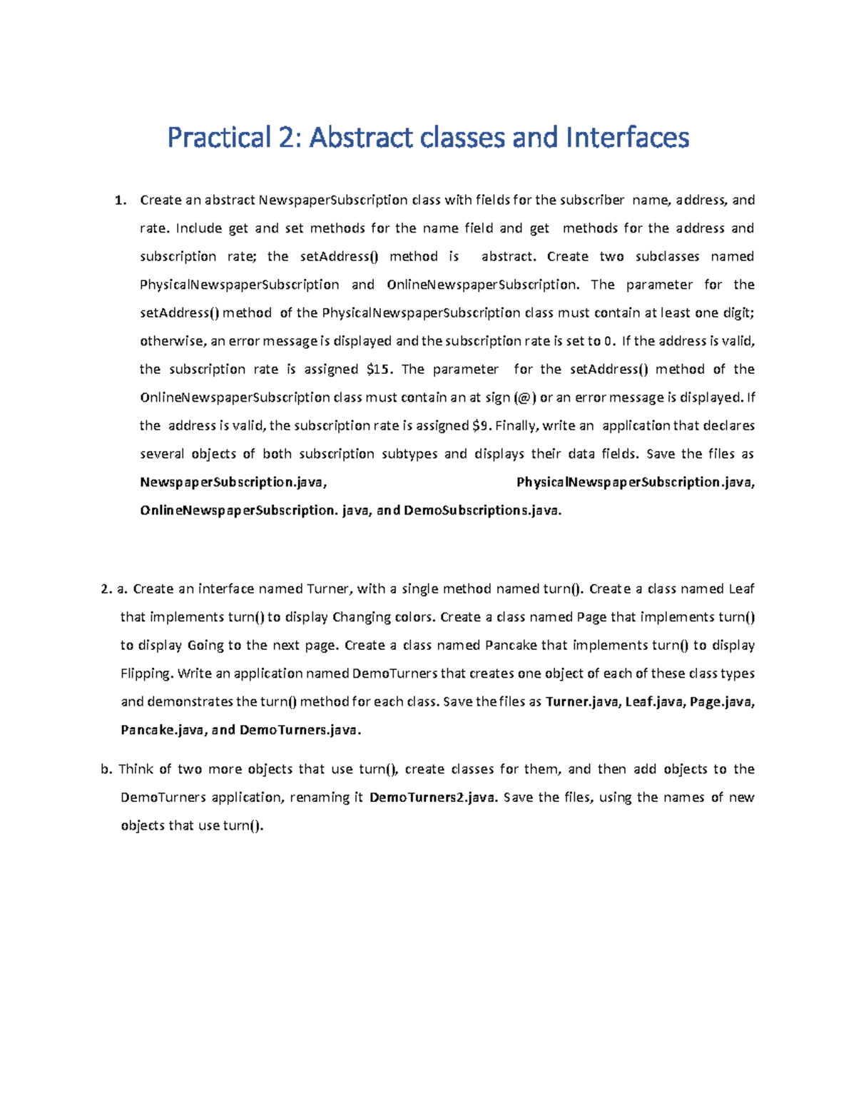 Practical 2: Abstract Classes & Interfaces in Java - Studocu