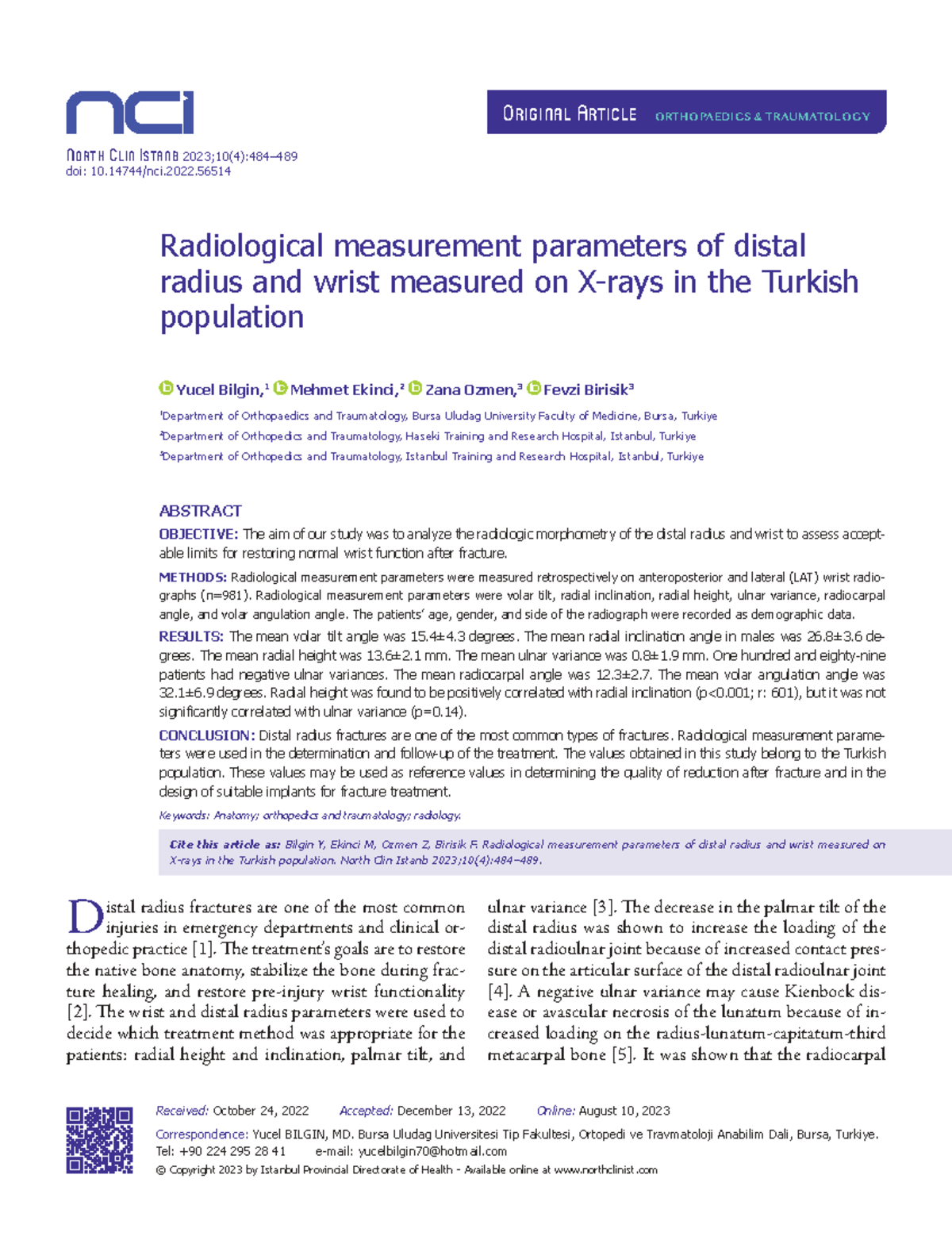 NCI-10-484 - Radiological Measurement Parameters of Distal Radius in ...