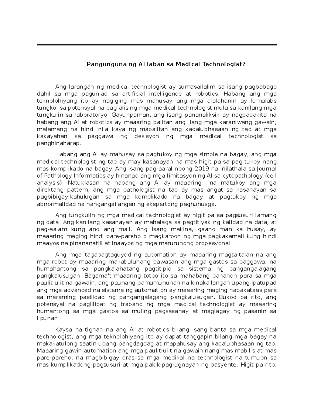 position paper larang - Pangunguna ng AI laban sa Medical Technologist ...