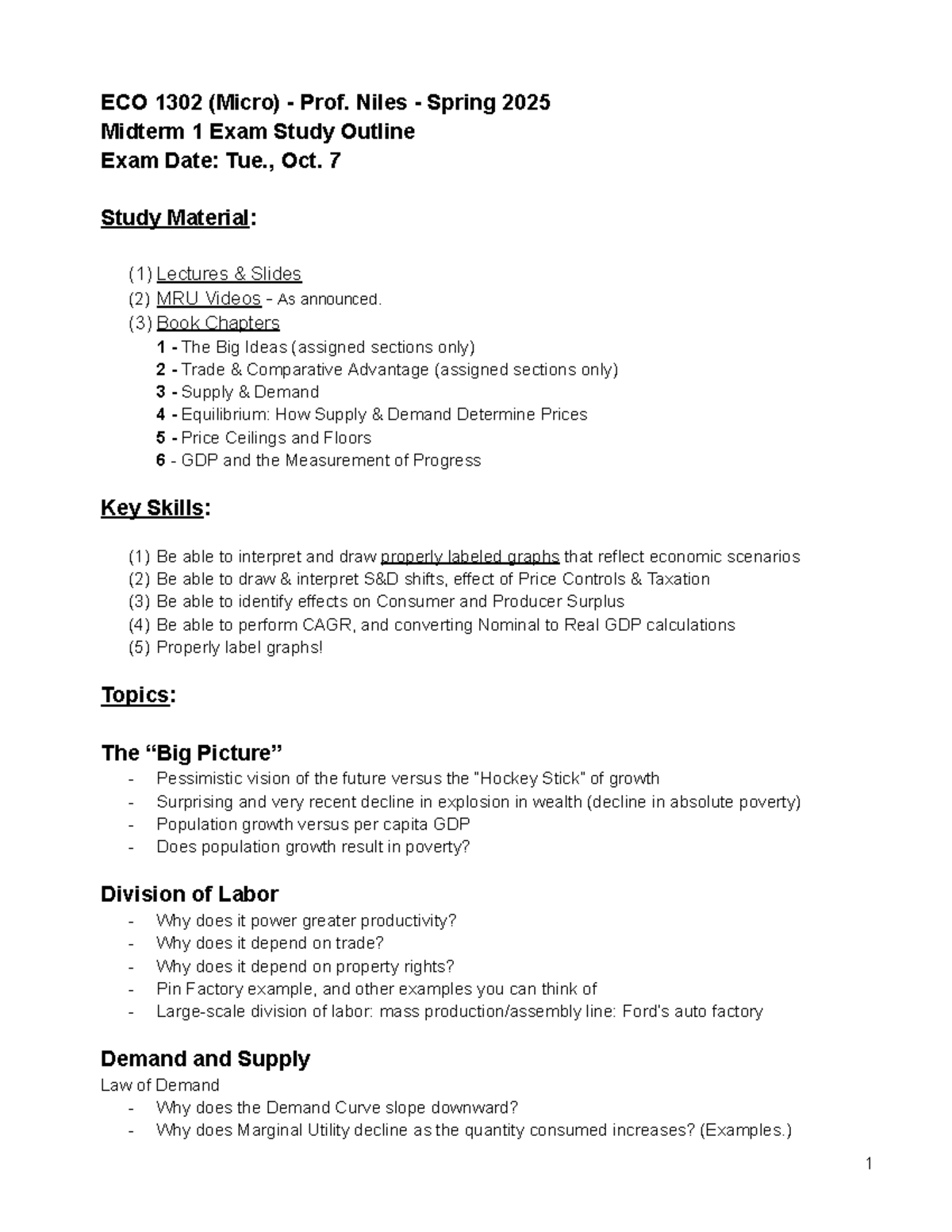 ECO 1302 - Micro Midterm 1 Exam Study Outline - Spring 2025 - Studocu