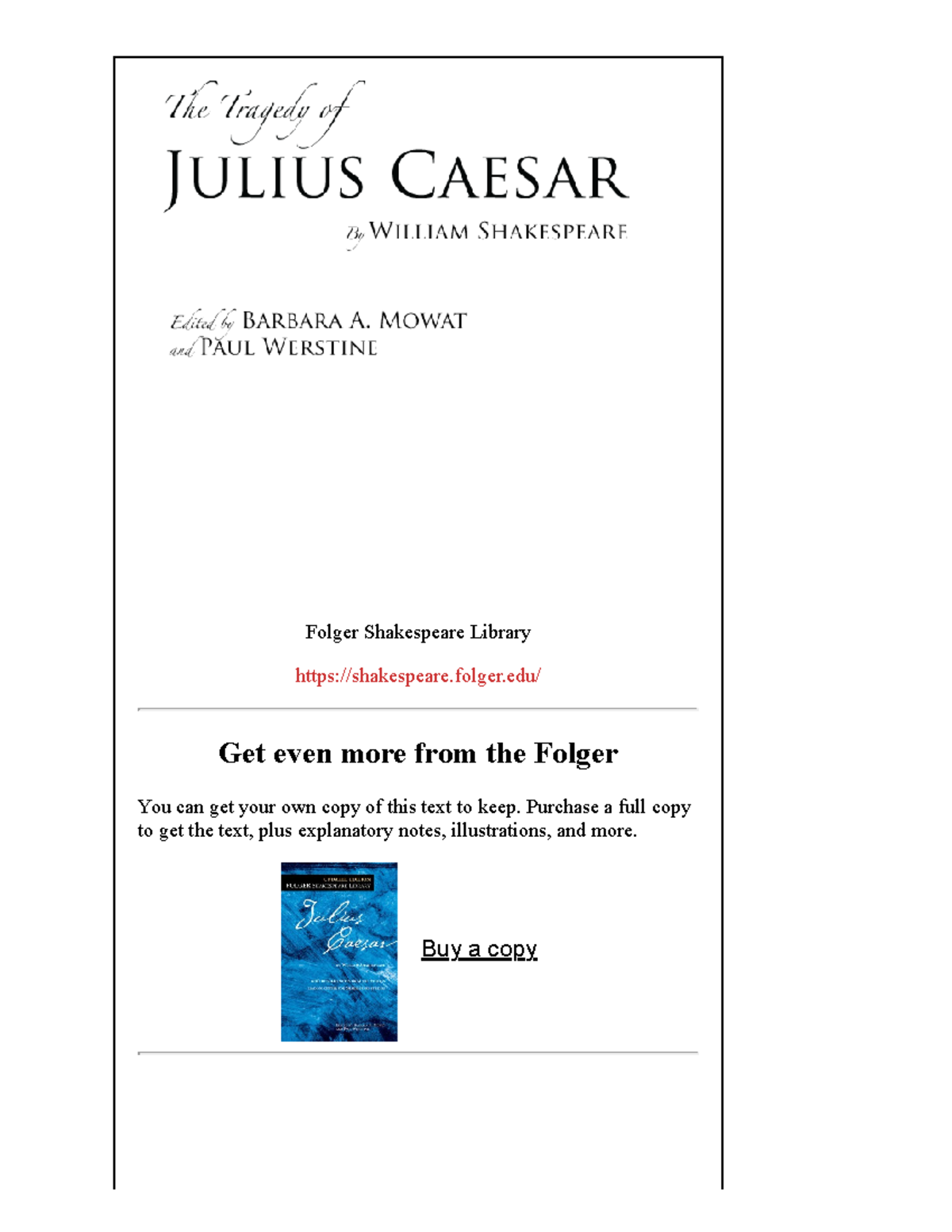 Julius Caesar (ENG 101) - Folger Shakespeare Library Edition Overview ...