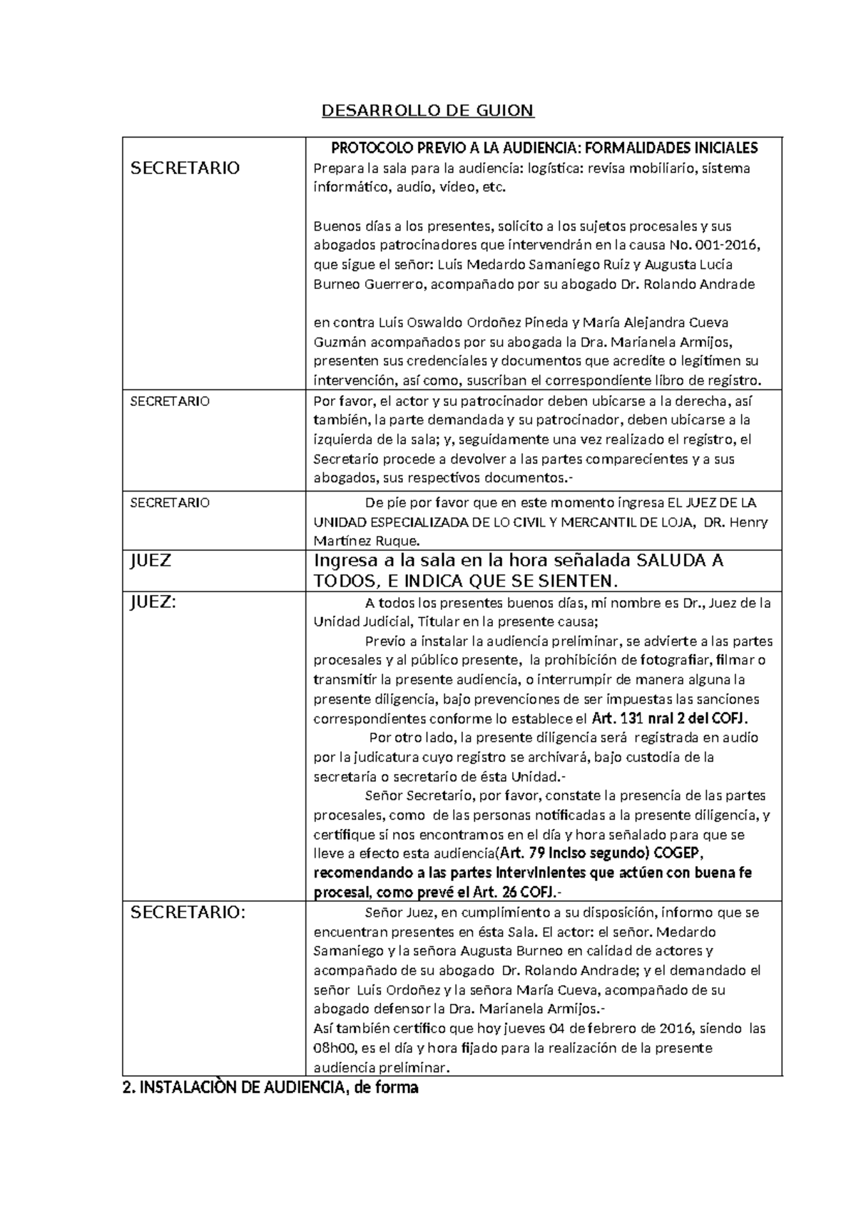 Guión para Audiencia Contencioso Administrativo - Caso No. 001-2016 - Document Preview