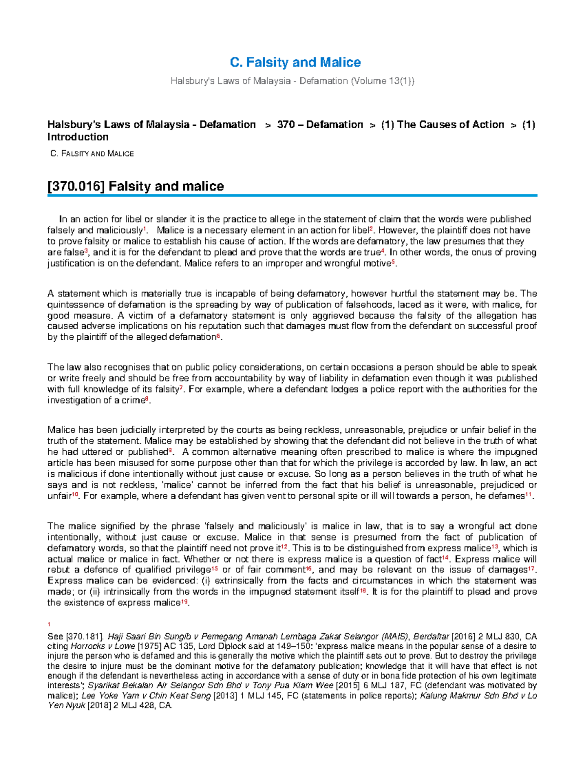 C. Falsity and Malice in Defamation Law (Volume 13(1)) - Studocu