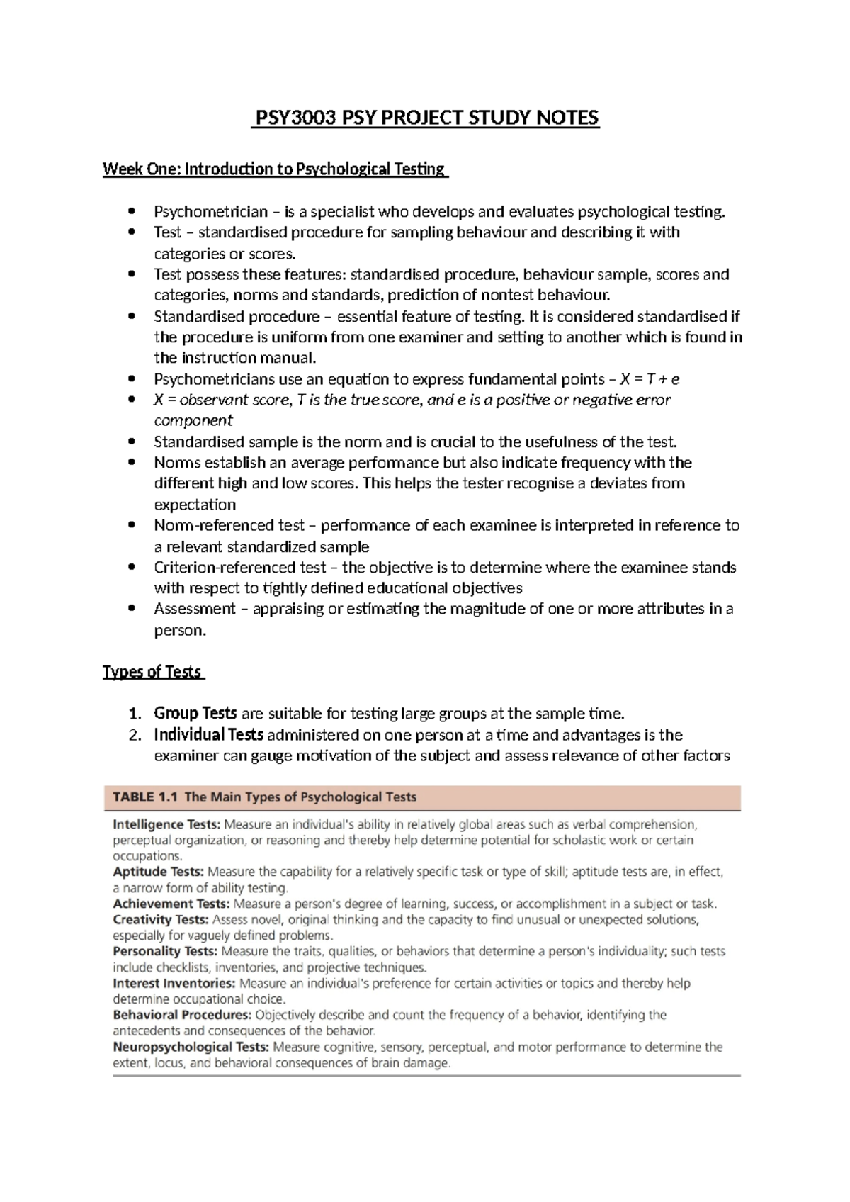 PSY3003 PSY Project Study Notes on Psychological Testing Concepts - Studocu