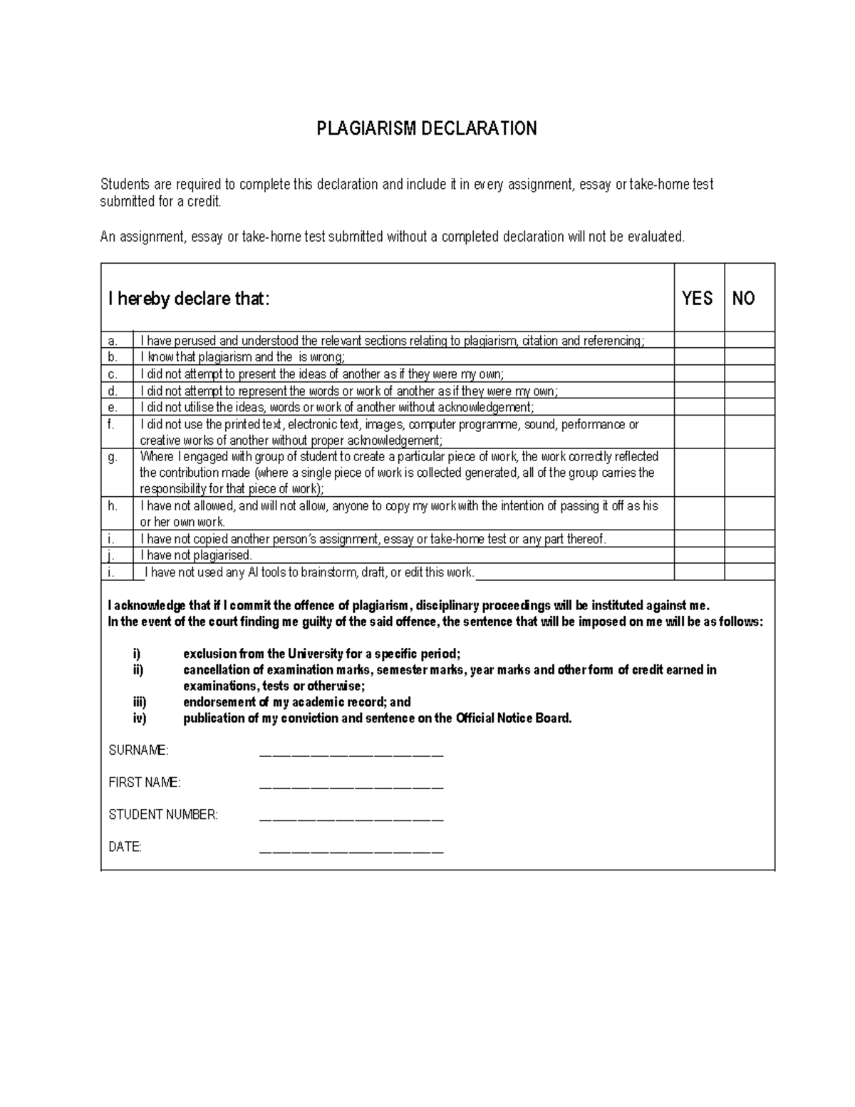 PLAGIARISM DECLARATION FORM for Assignments and Tests - Studocu