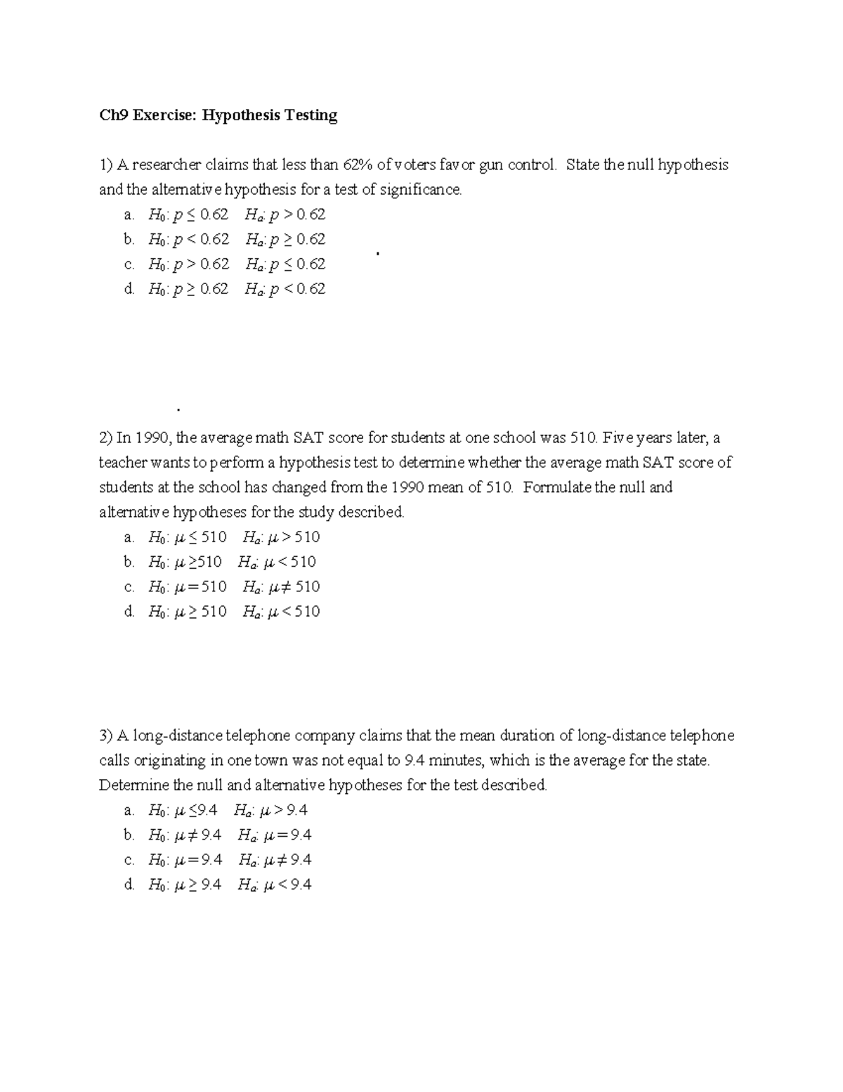 Test of Hypothesis Exercise 1: Ch9 Analysis and Solutions - Studocu