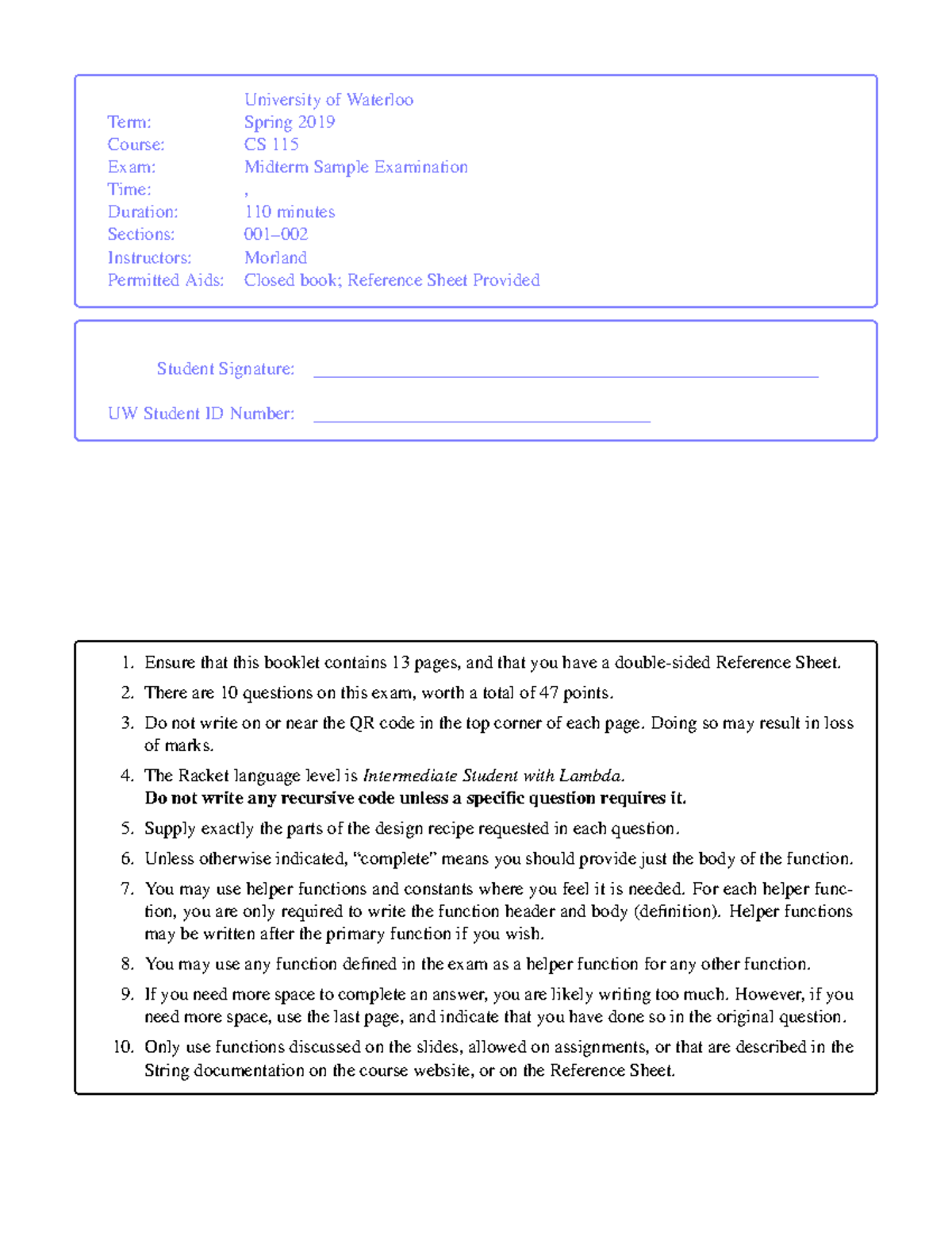 CS 115 Midterm Sample Exam - Spring 2019 Guide - Studocu