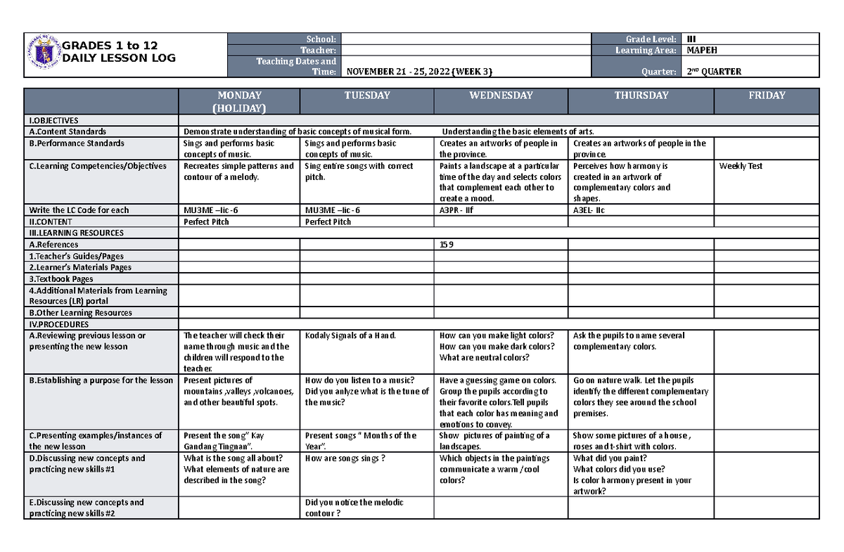 DLL MAPEH 3 Q2 W3 - Daily Lesson Log for Music and Arts Activities ...