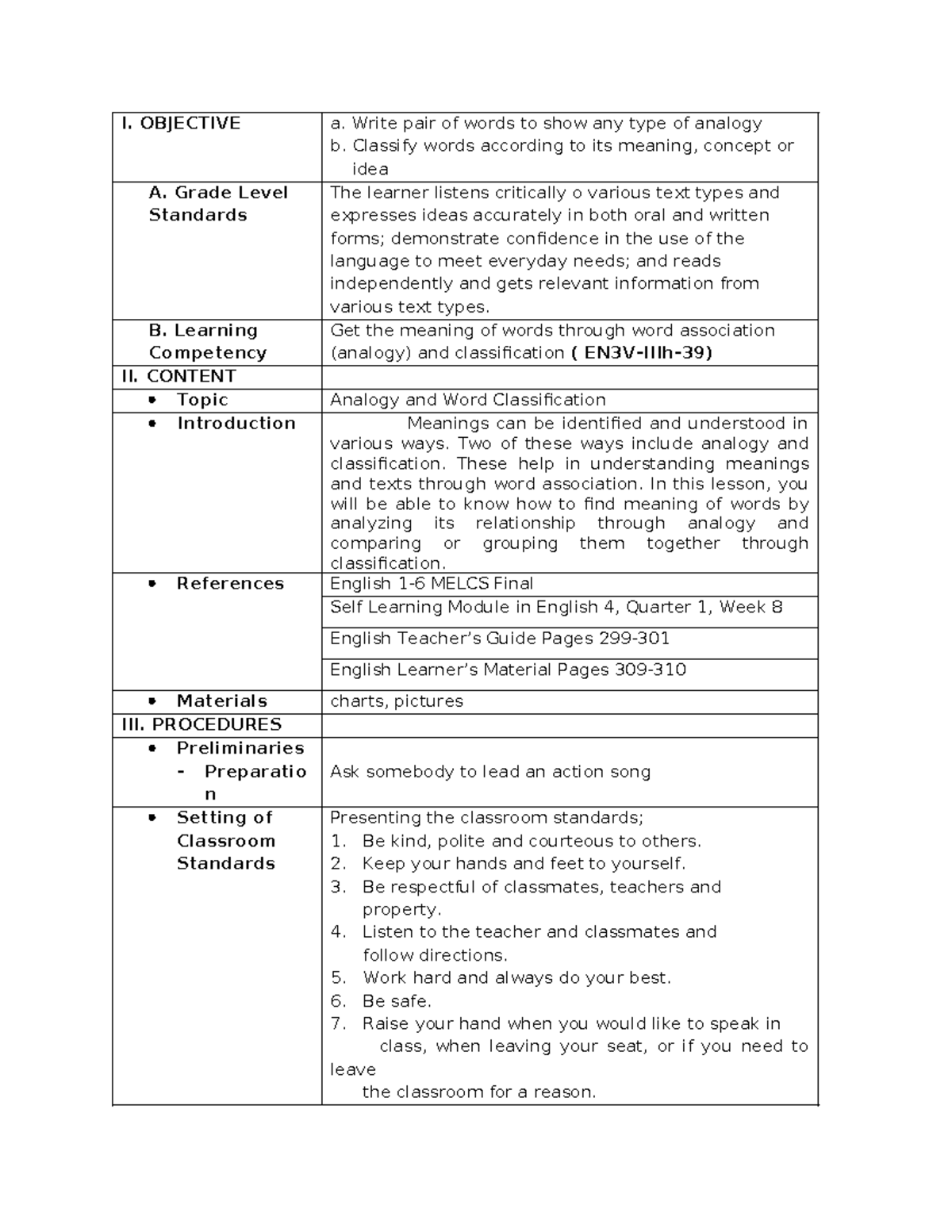 English 4 MELCS Final Lesson Plan: Analogy & Word Classification - Studocu