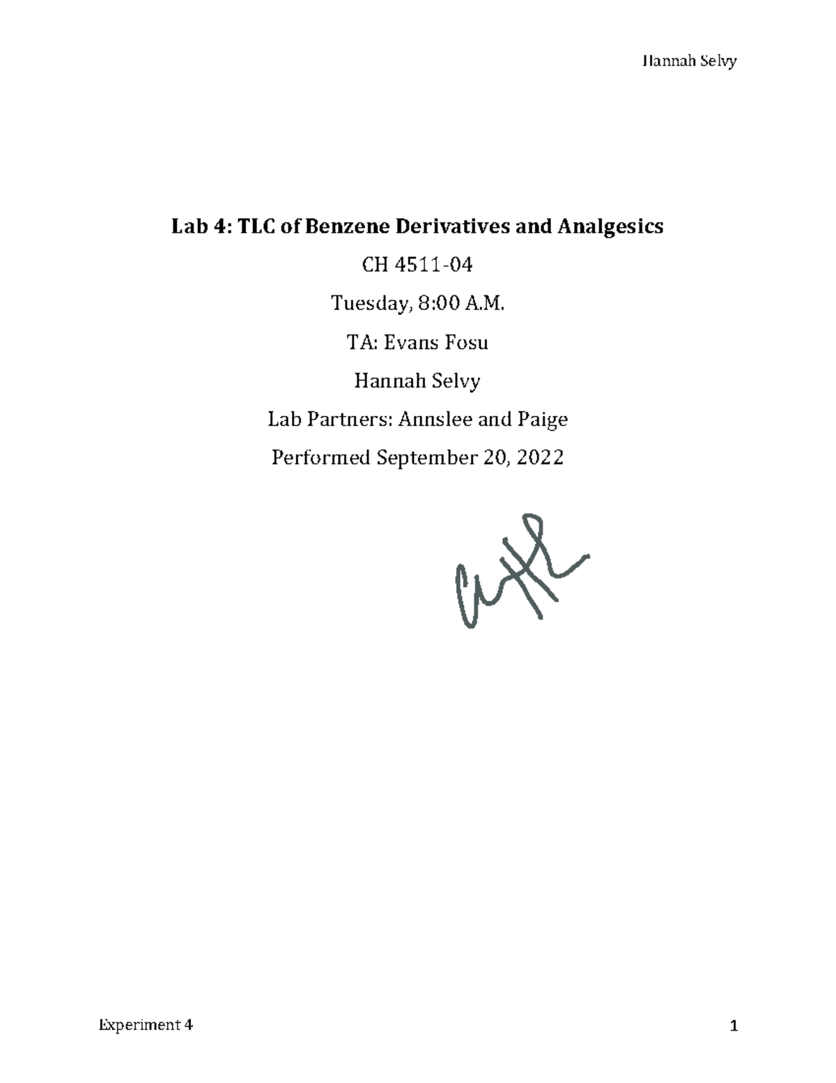 TLC CH 4511- Final Lab Report: Analyzing Benzene Derivatives and ...