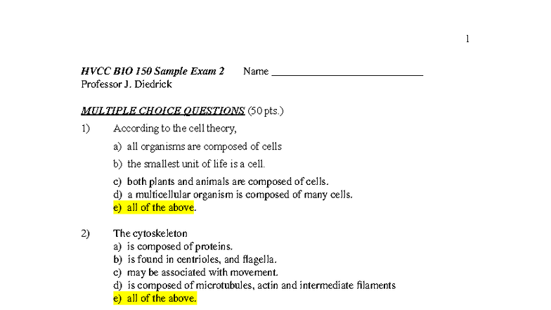 HVCC BIO 150 Practice Exam 2: Key Concepts & Sample Questions - Studocu