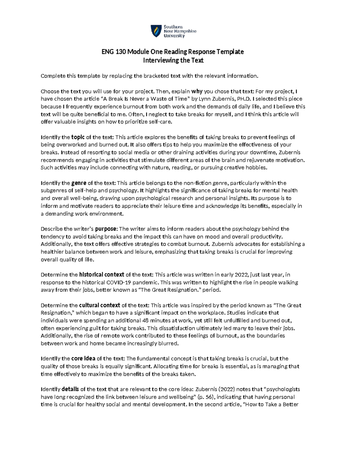 ENG 130 Module One Reading Response: Insights on Breaks and Burnout ...