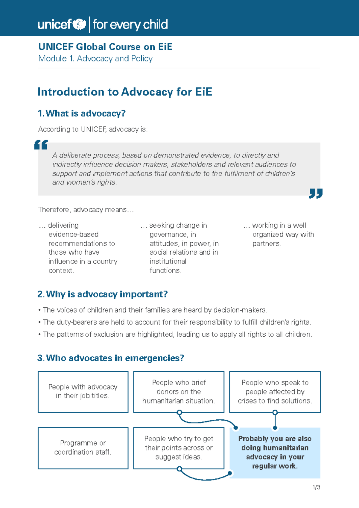 Advocacy for Education in Emergencies (EiE) - UNICEF Module 1 Overview ...