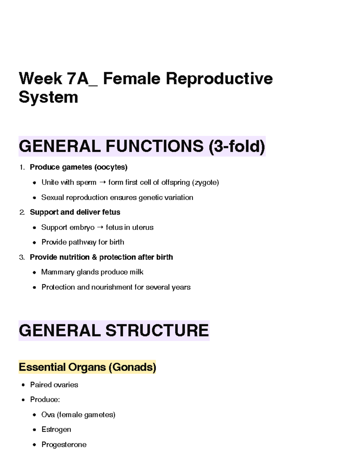 Week 7A Female Reproductive System Overview and Functions - Studocu