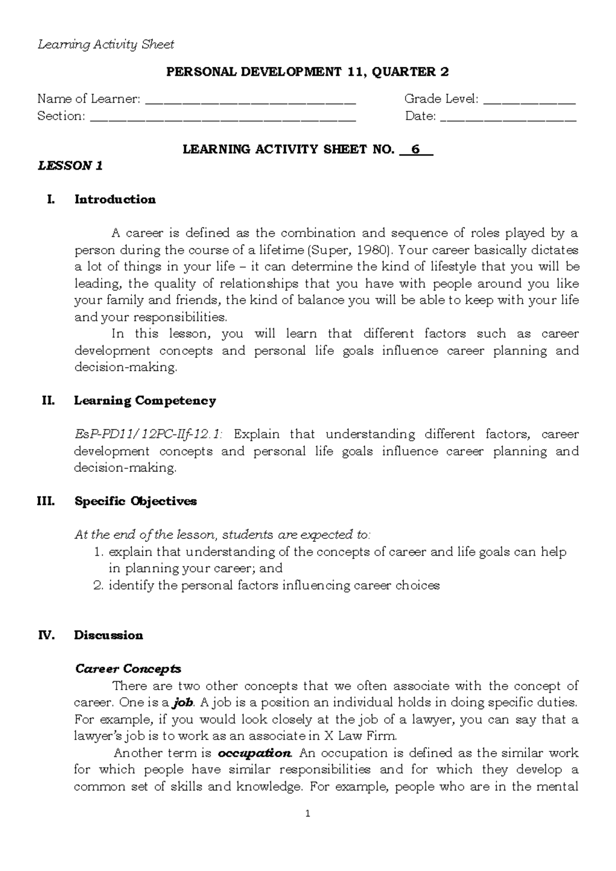 Career Development Concepts and Influences - PD 11 Q2 Lesson 1 - Studocu