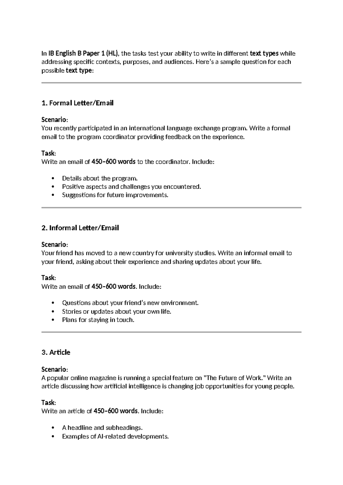 IB English B Paper 1: Guide to Writing Different Text Types - Studocu