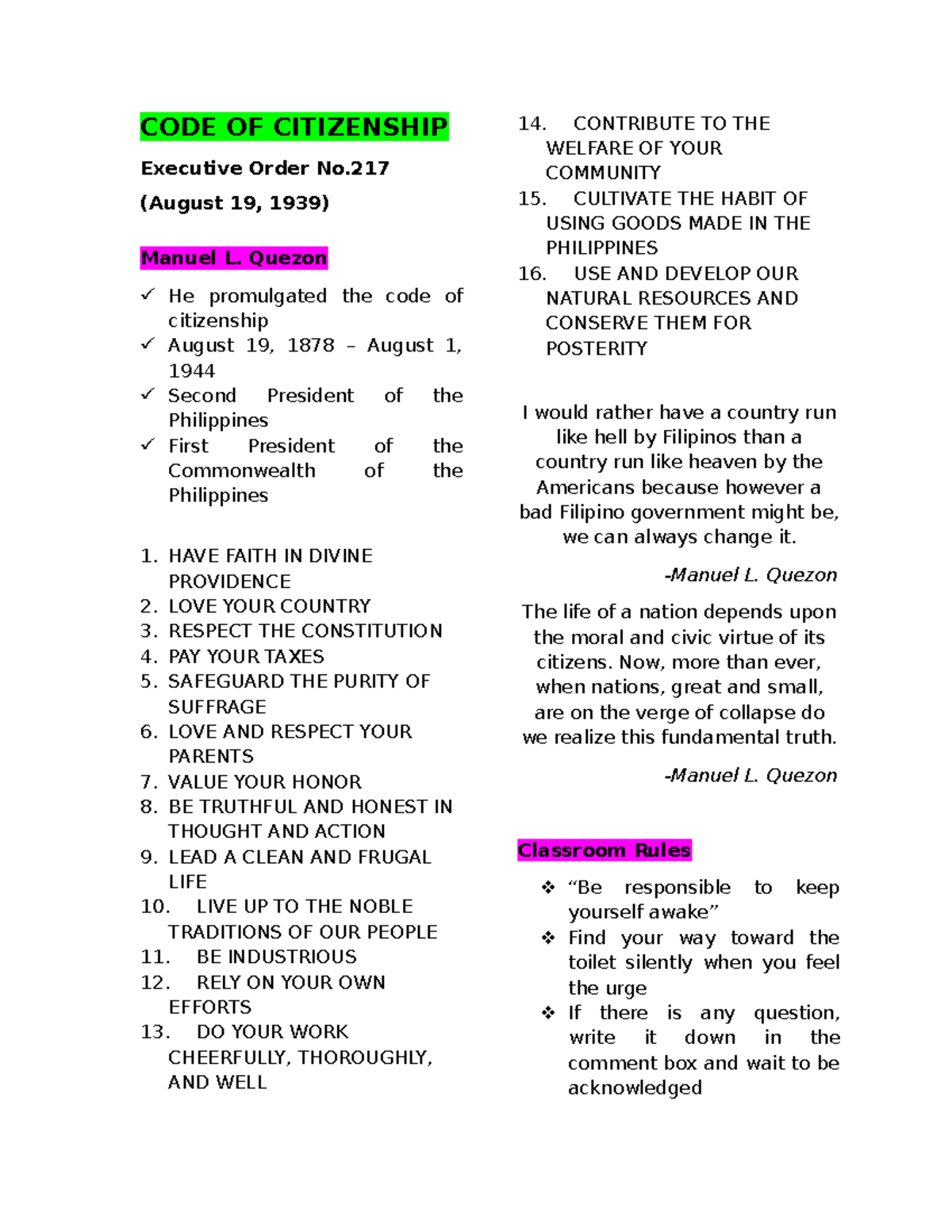 Code of Citizenshippp - Important notes about the code of citizenship ...