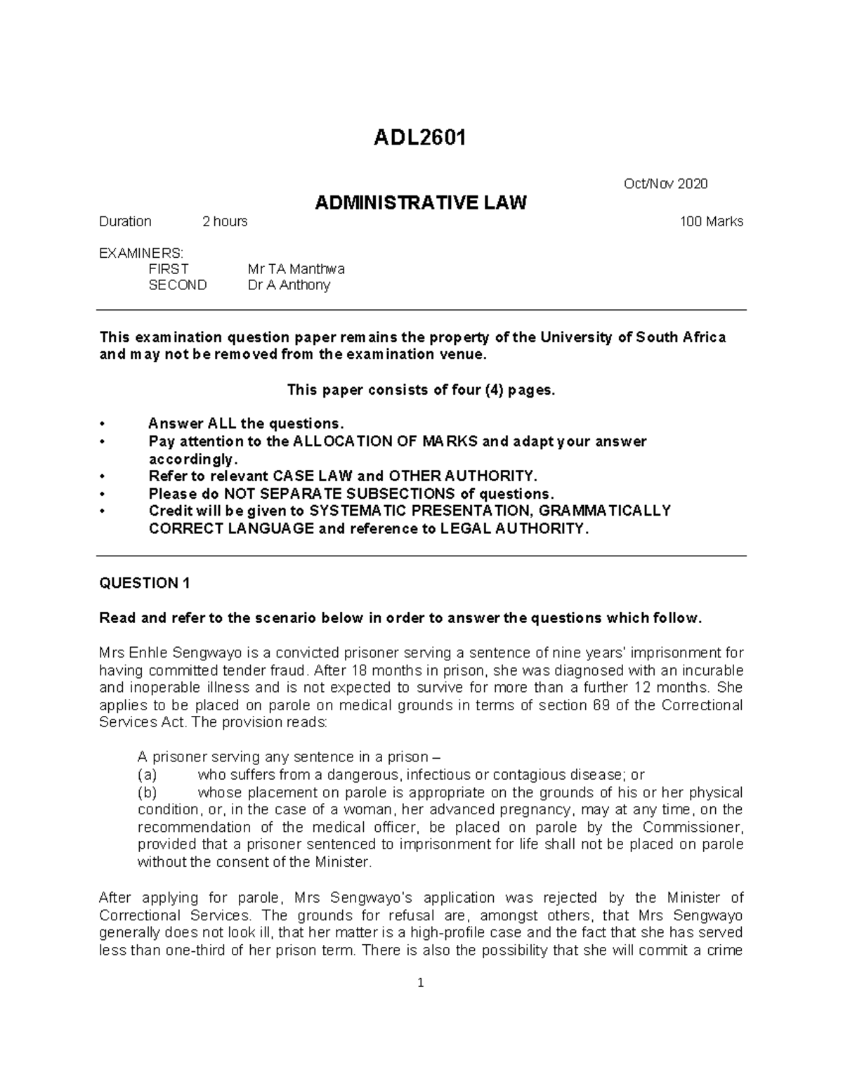 ADL 2601 Final Exam Oct/Nov 2020 Administrative Law Question Paper ...