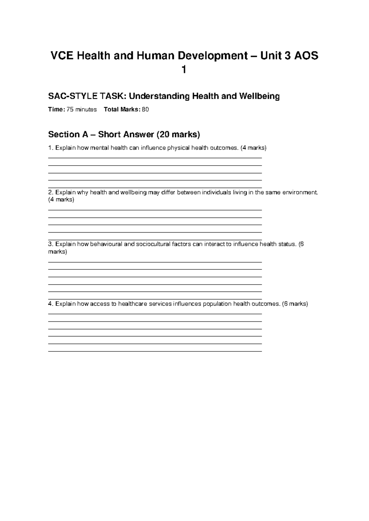 VCE HHD Unit 3 AOS 1 SAC2: Understanding Health & Wellbeing - Studocu