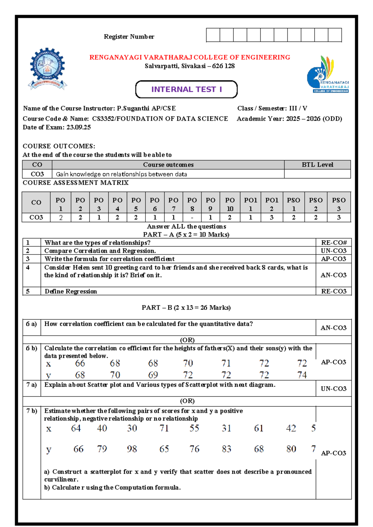 Internal Test I - Data Science (Course Code: DS101) Exam Questions ...