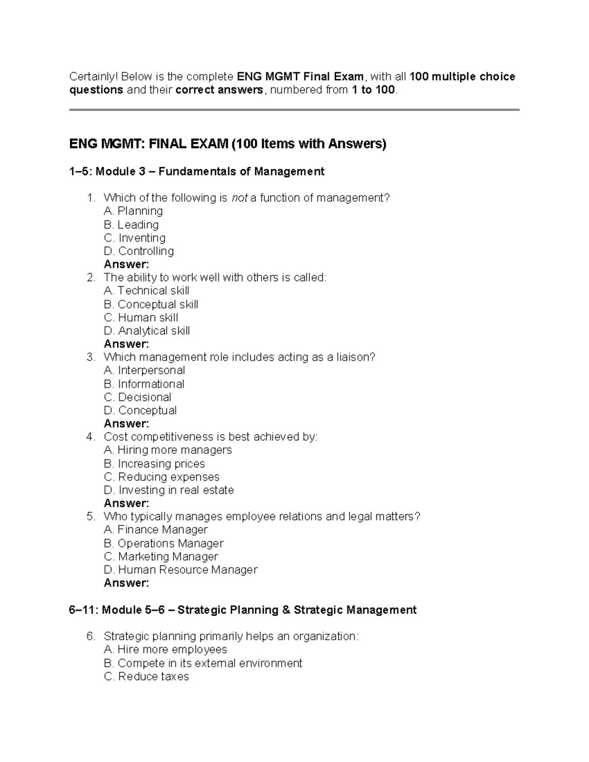 ENG MGMT: FINAL EXAM MOCK REVIEWER (100 MCQs with Answers) - Studocu