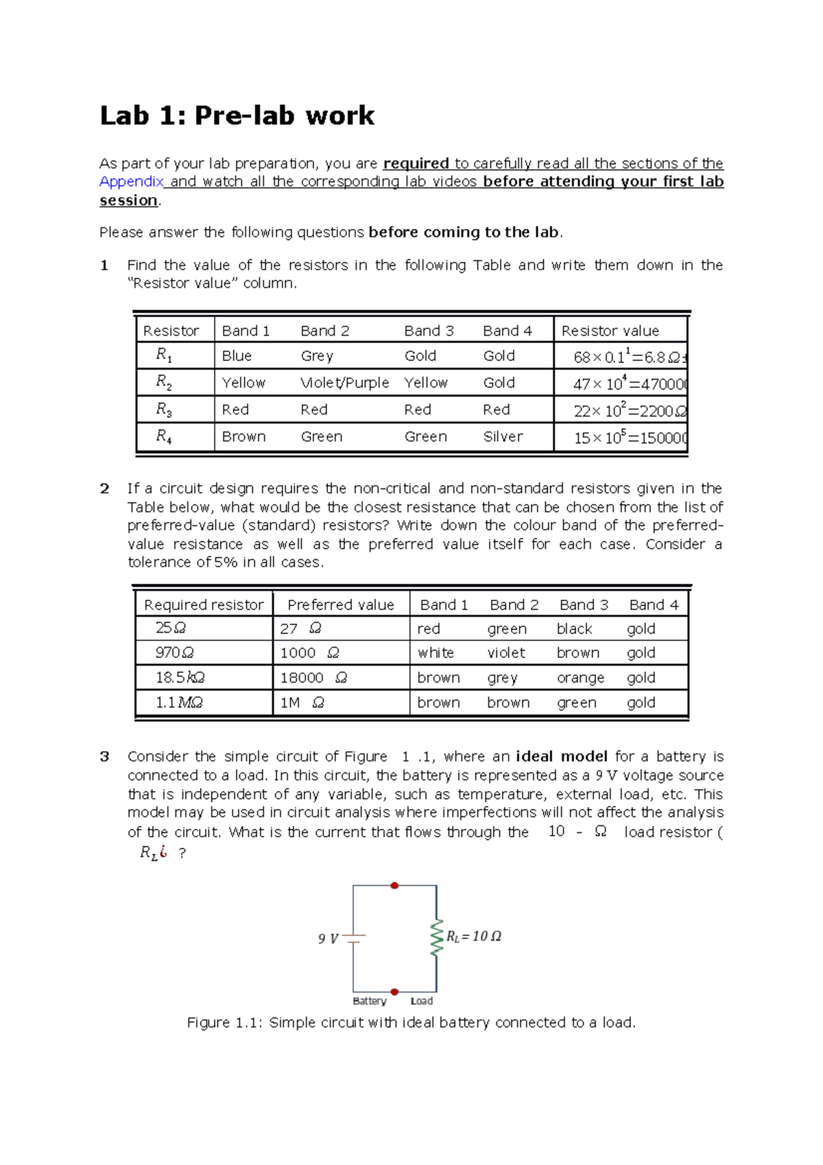 UNSW ELEC1111 Lab 1: Pre-lab Preparation & Key Calculations - Studocu
