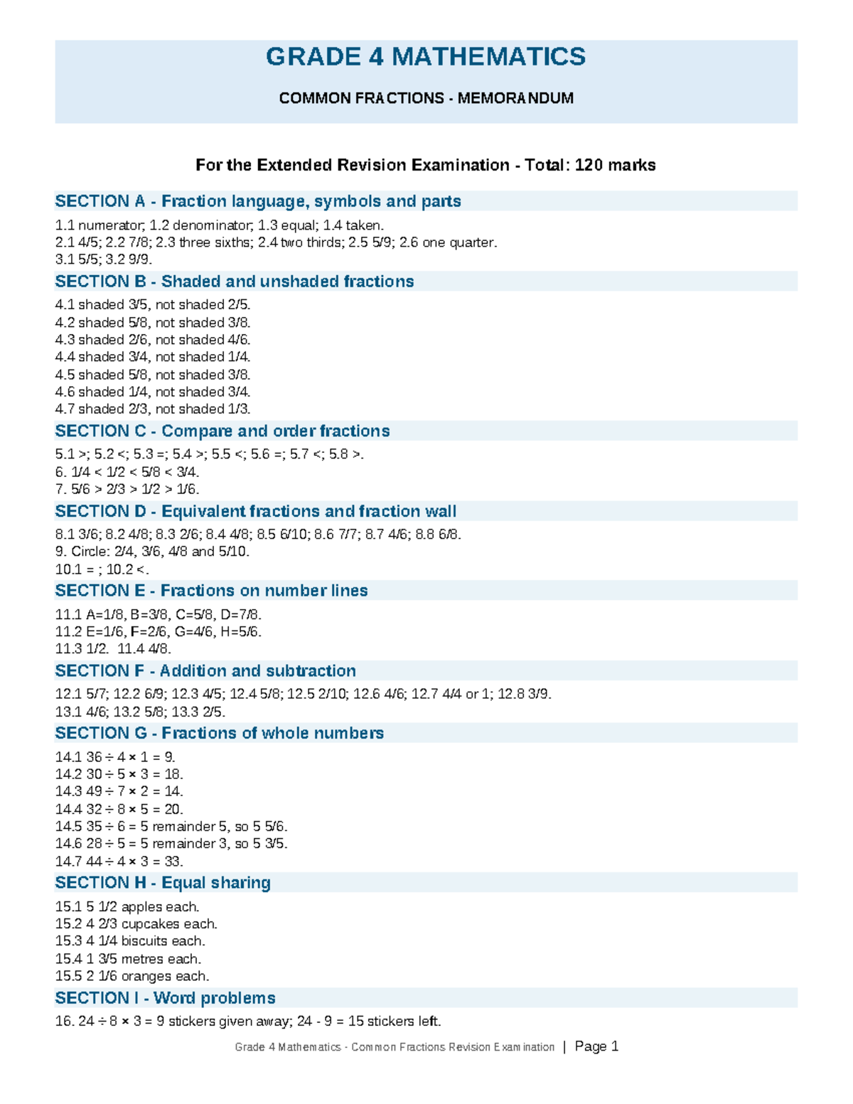 Grade 4 Mathematics Common Fractions Extended Revision Memo - Studocu