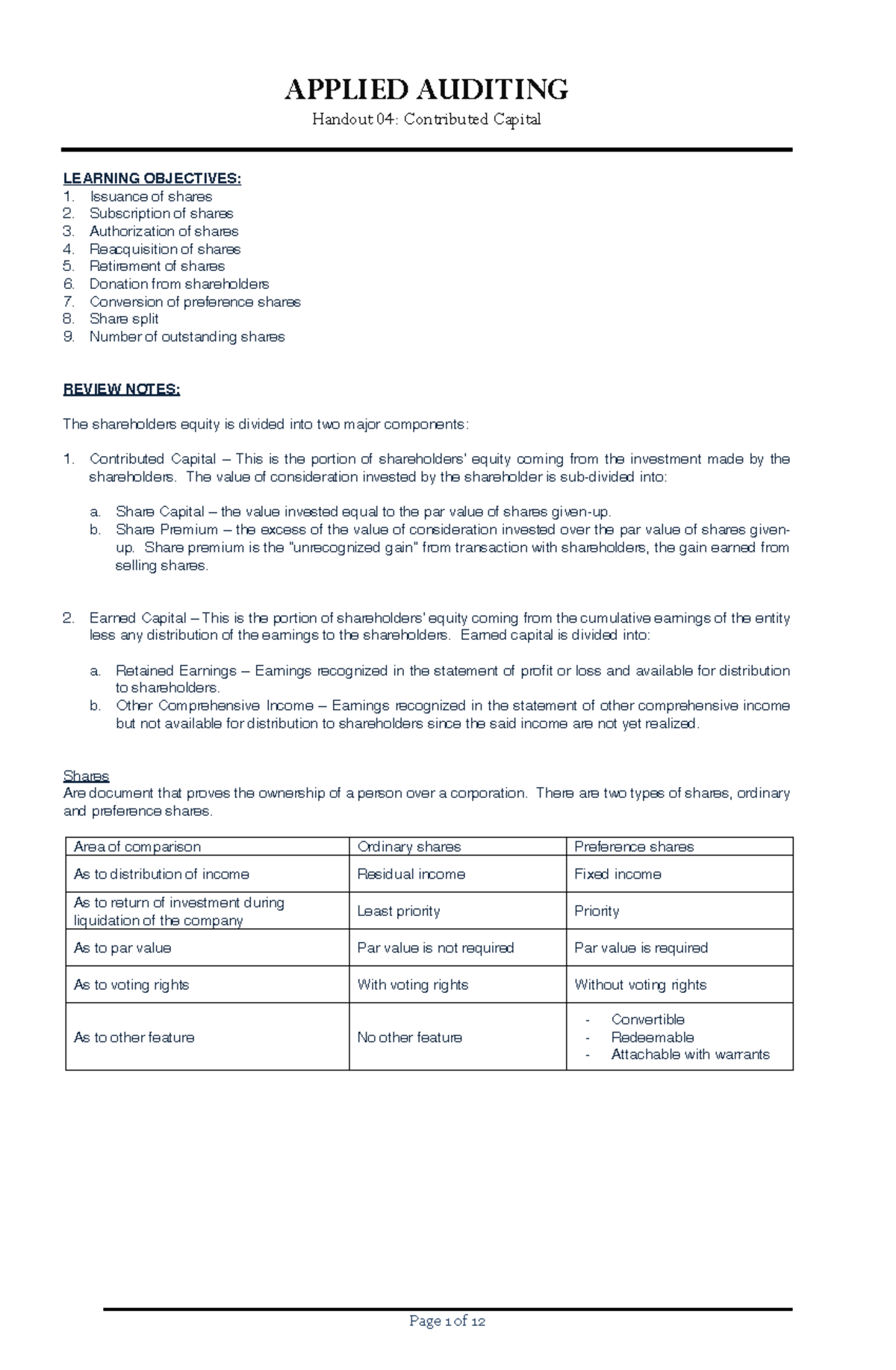 Applied Auditing: Handout 04 - Contributed Capital Overview - Studocu