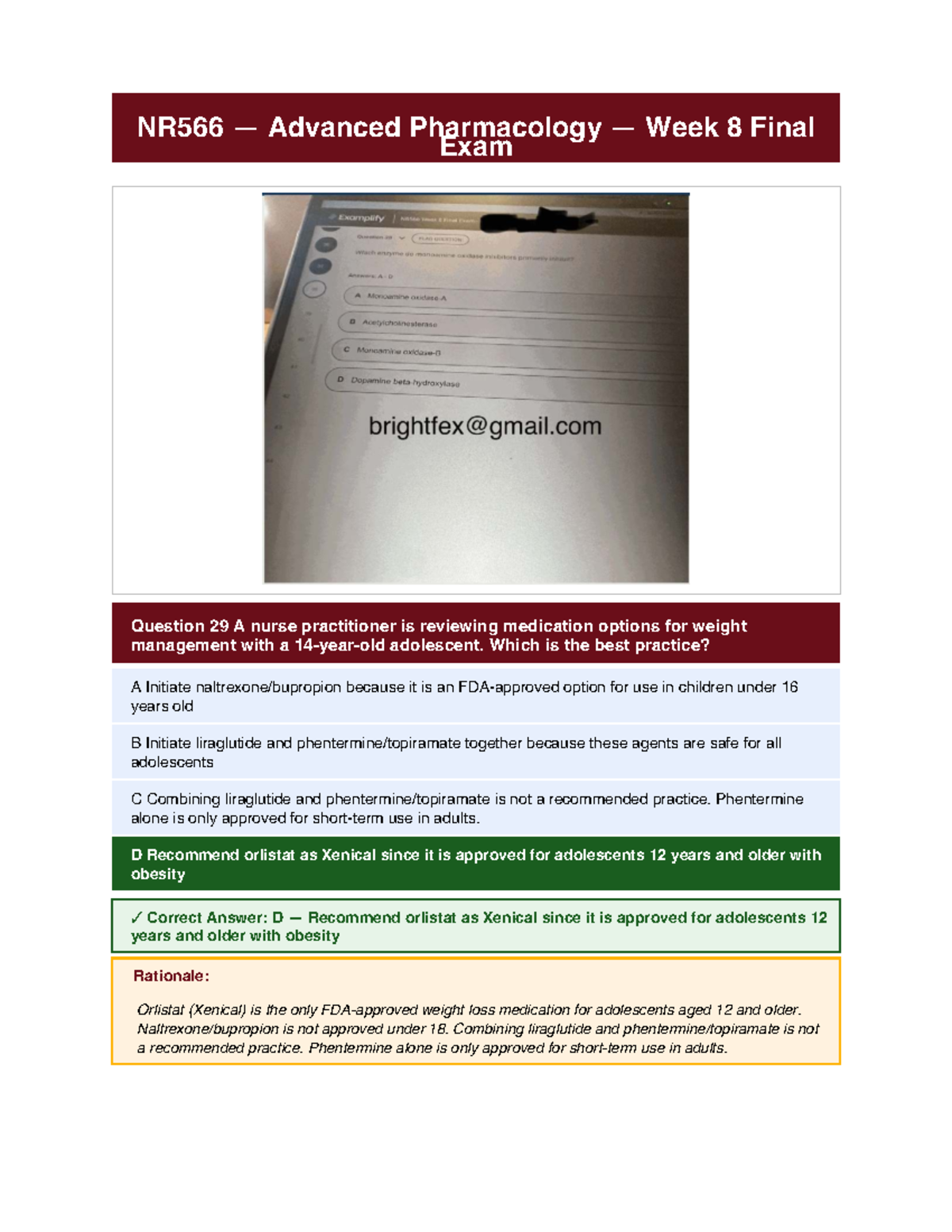 NR566 Advanced Pharmacology Week 8 Final Exam Questions & Answers