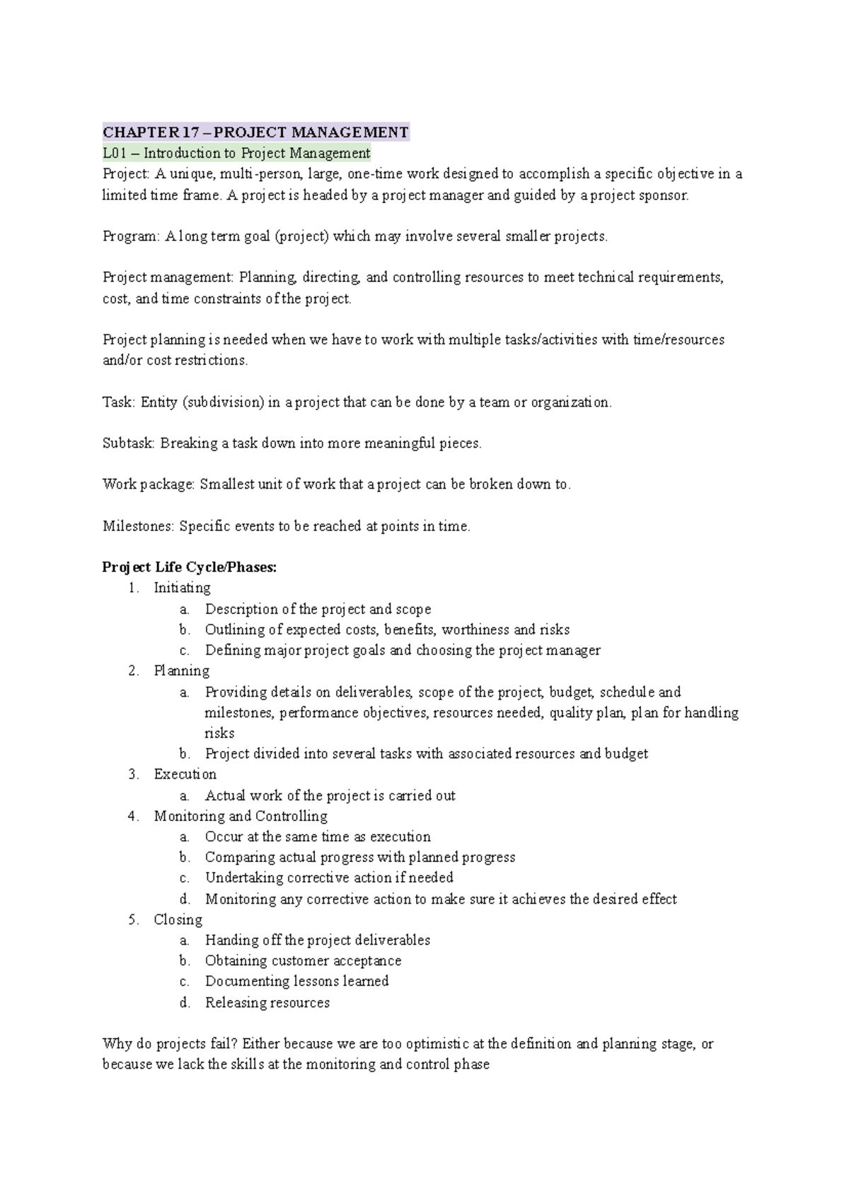 CHAPTER 17 PROJECT MANAGEMENT L01: Key Concepts and Techniques - Studocu