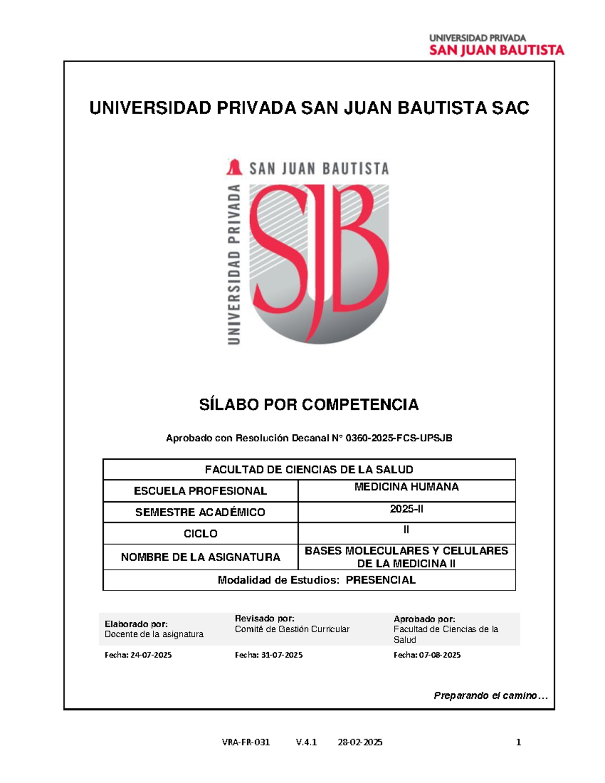 Sílabo de Bases Moleculares y Celulares de la Medicina II - 2025-II - Document Preview