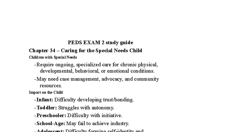 PEDS EXAM 2 Study Guide: Caring for Children with Special Needs - Studocu