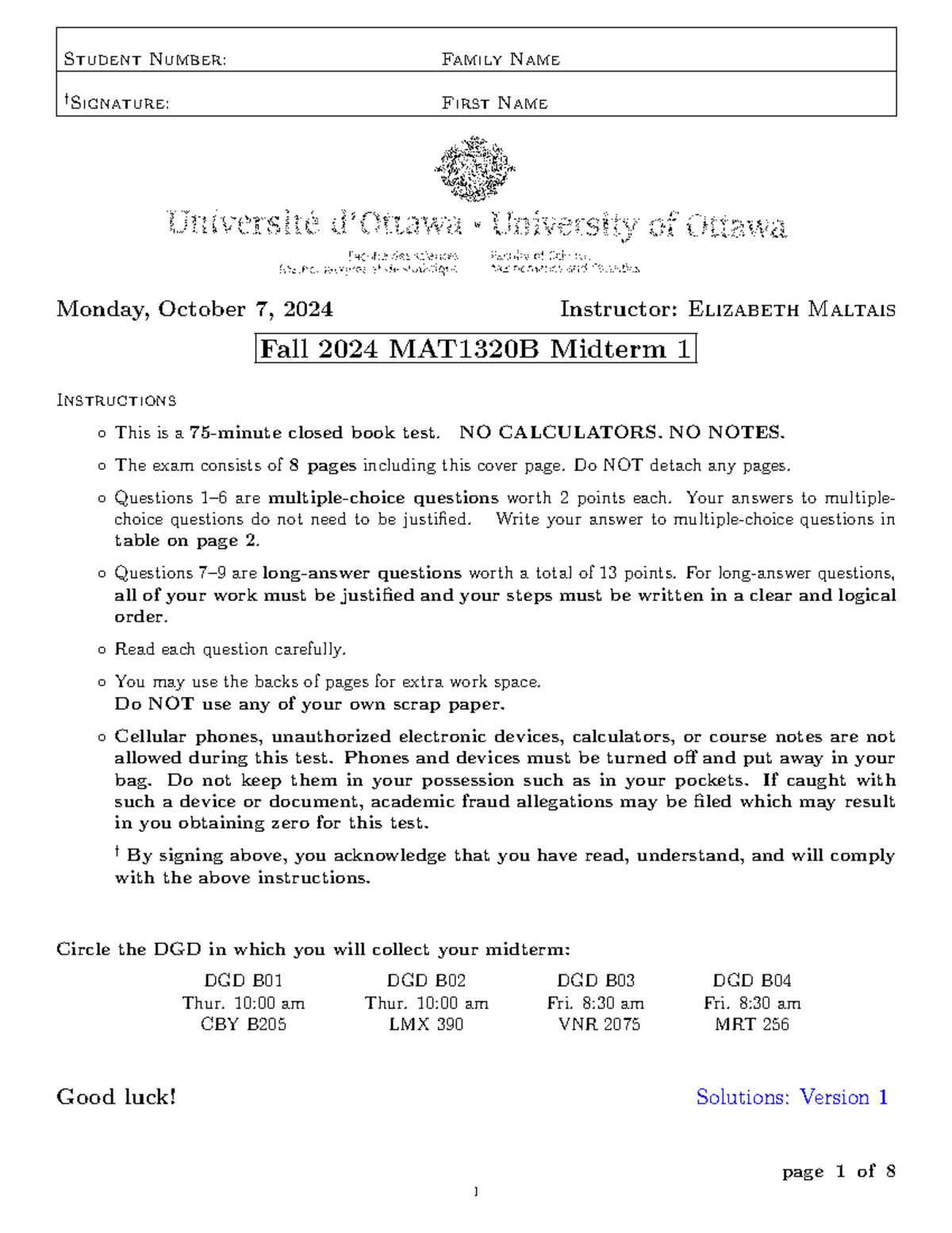 MAT1320B Midterm 1 Solutions - Fall 2024 Version 1 - Studocu