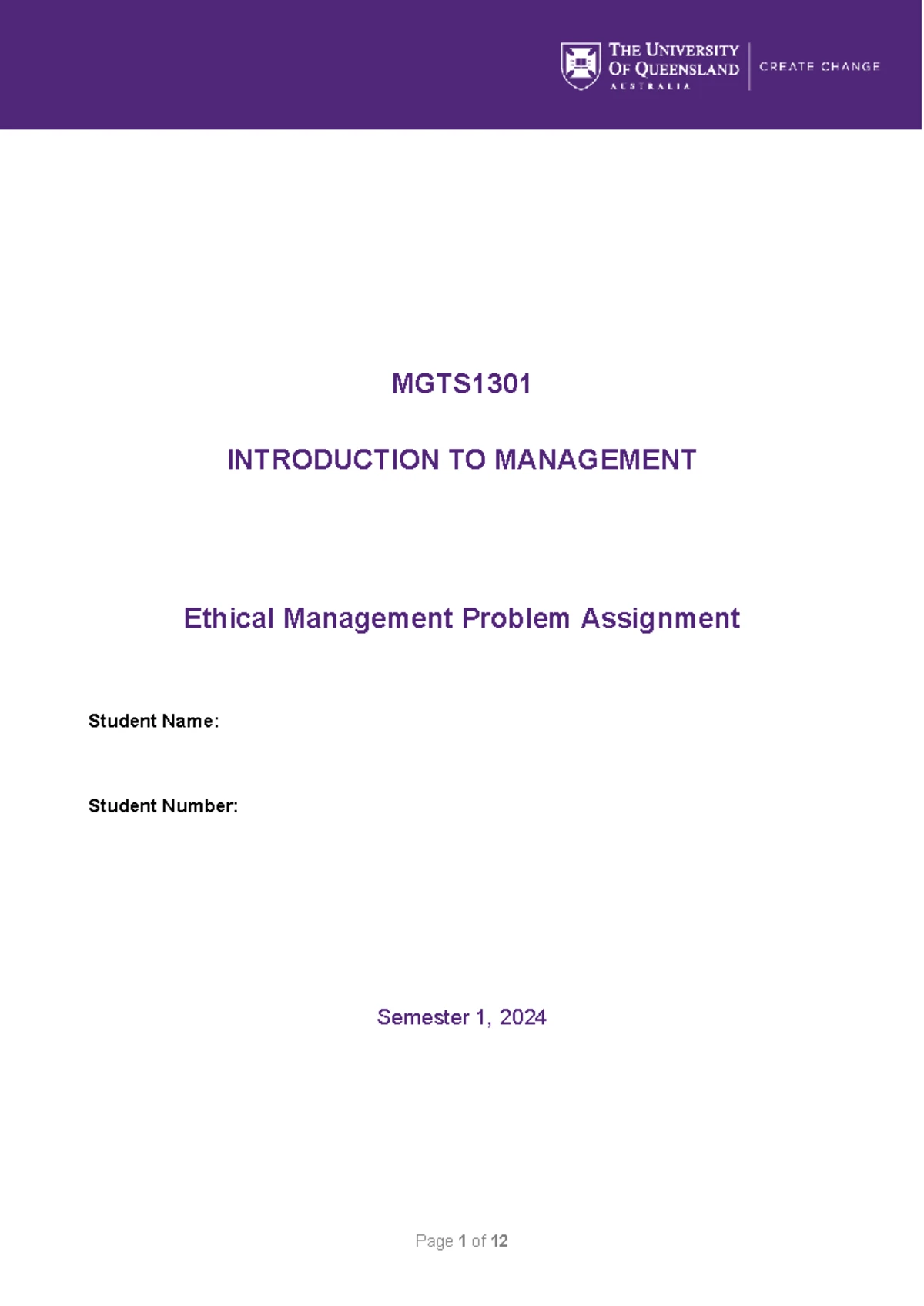 Ethical Management Problem Assignment - MGTS1301 INTRODUCTION TO ...