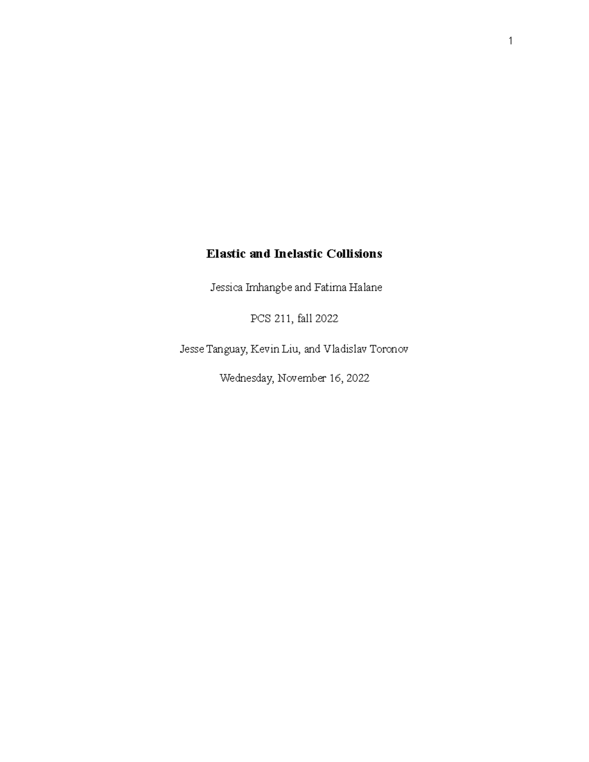 Lab 5 - Elastic and Inelastic Collisions - Elastic and Inelastic ...