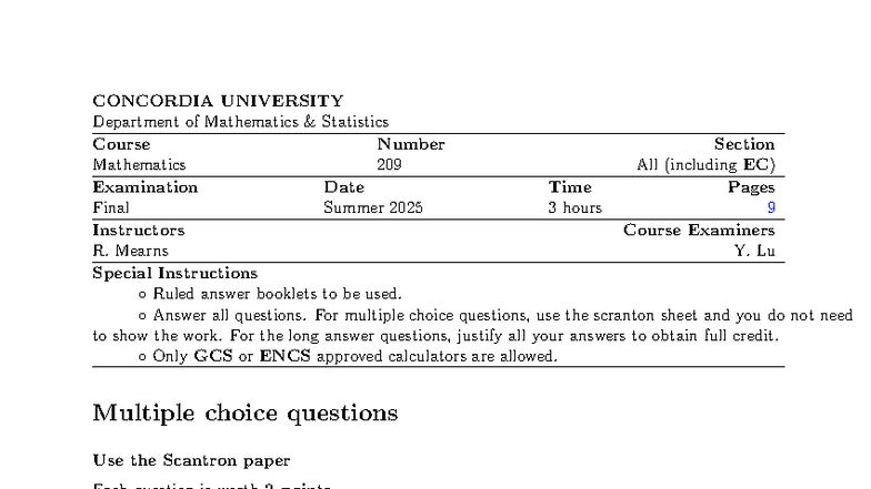 MATH 209 Final Exam Summer 2025 - Alternate Version - Studocu