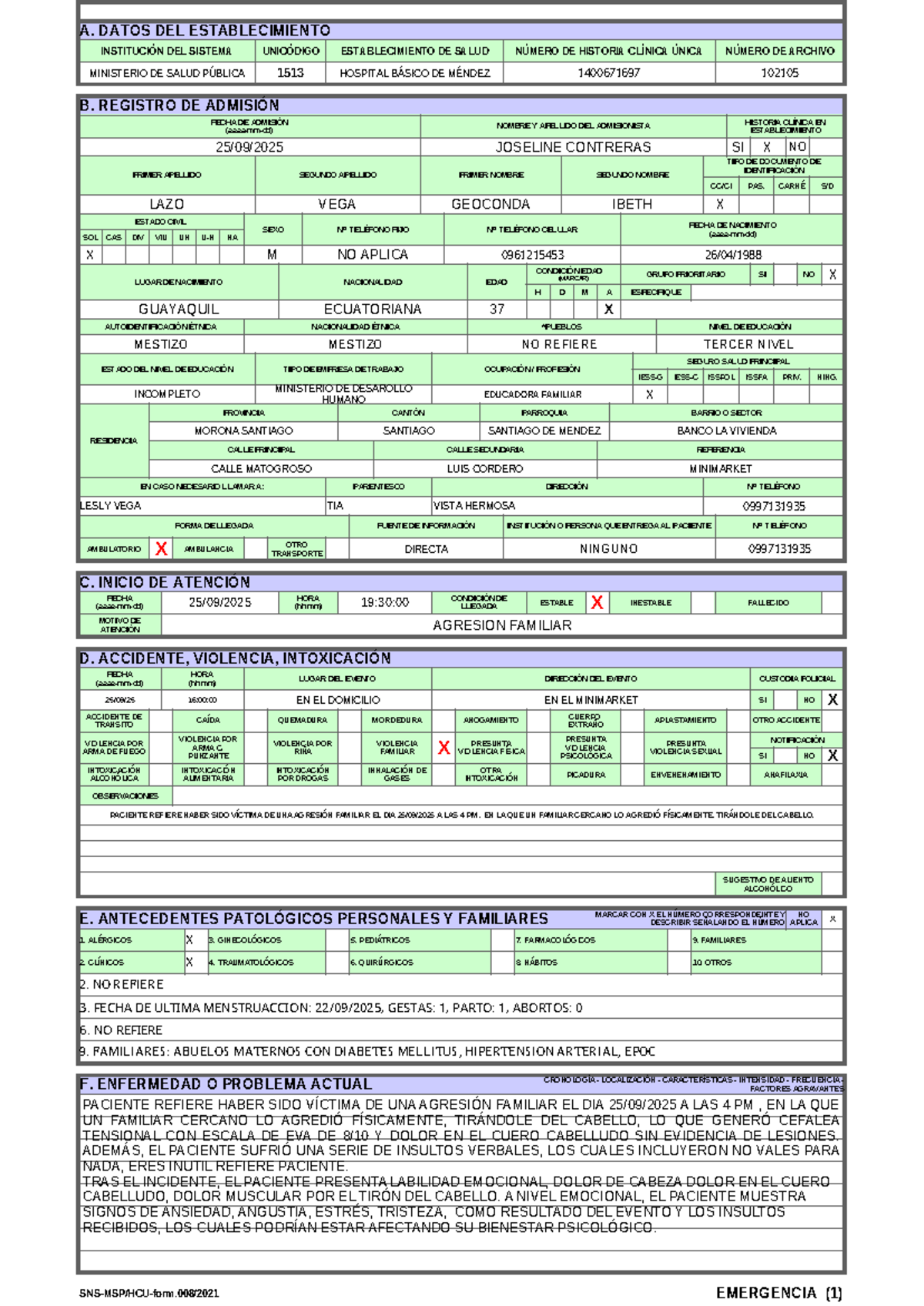 Registro de Admisión y Atención en Emergencia - SNS-MSP/HCU-form.008/ ...