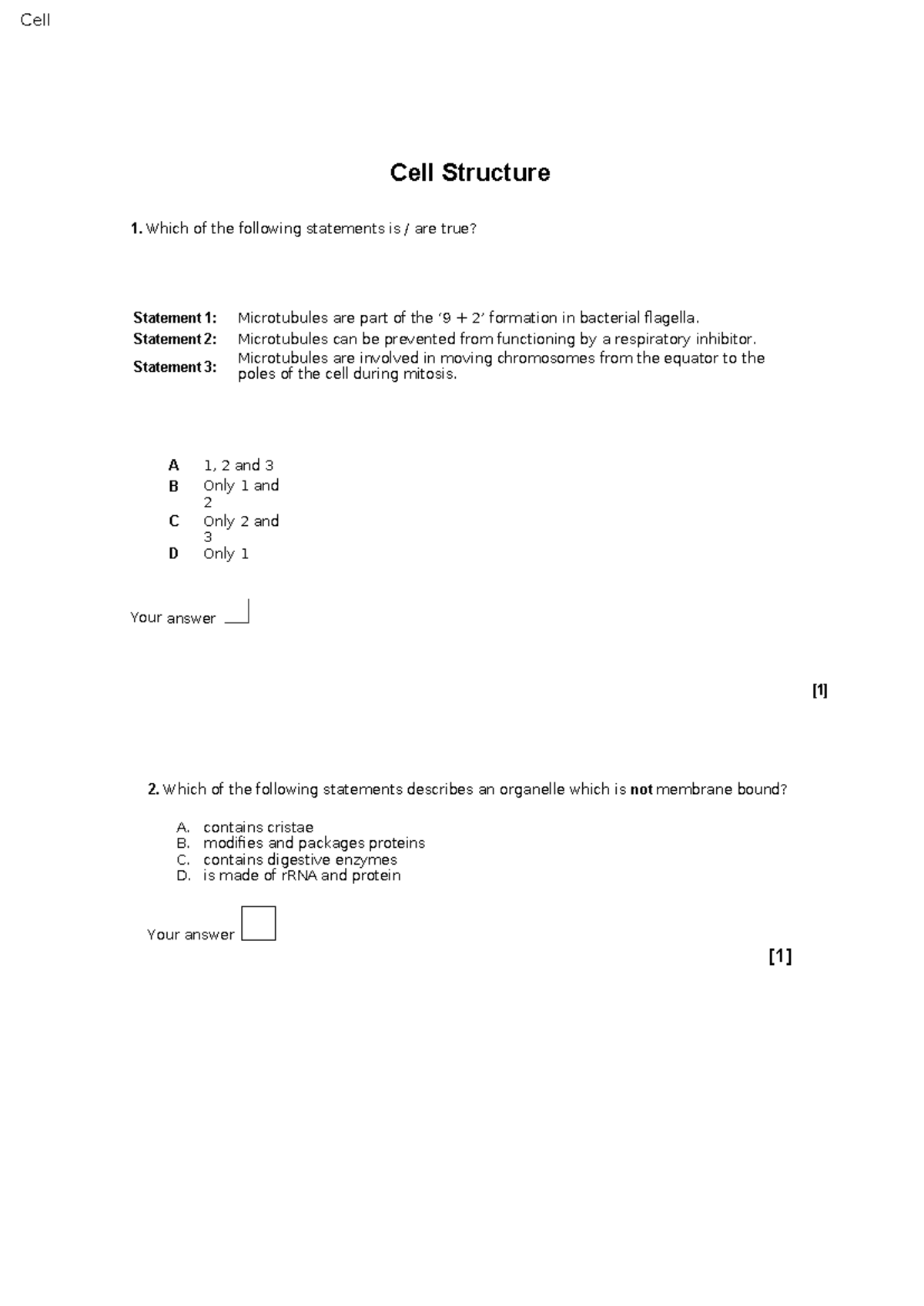 2.1 Cell Structure Quiz Paper: Understanding Cell Components and ...